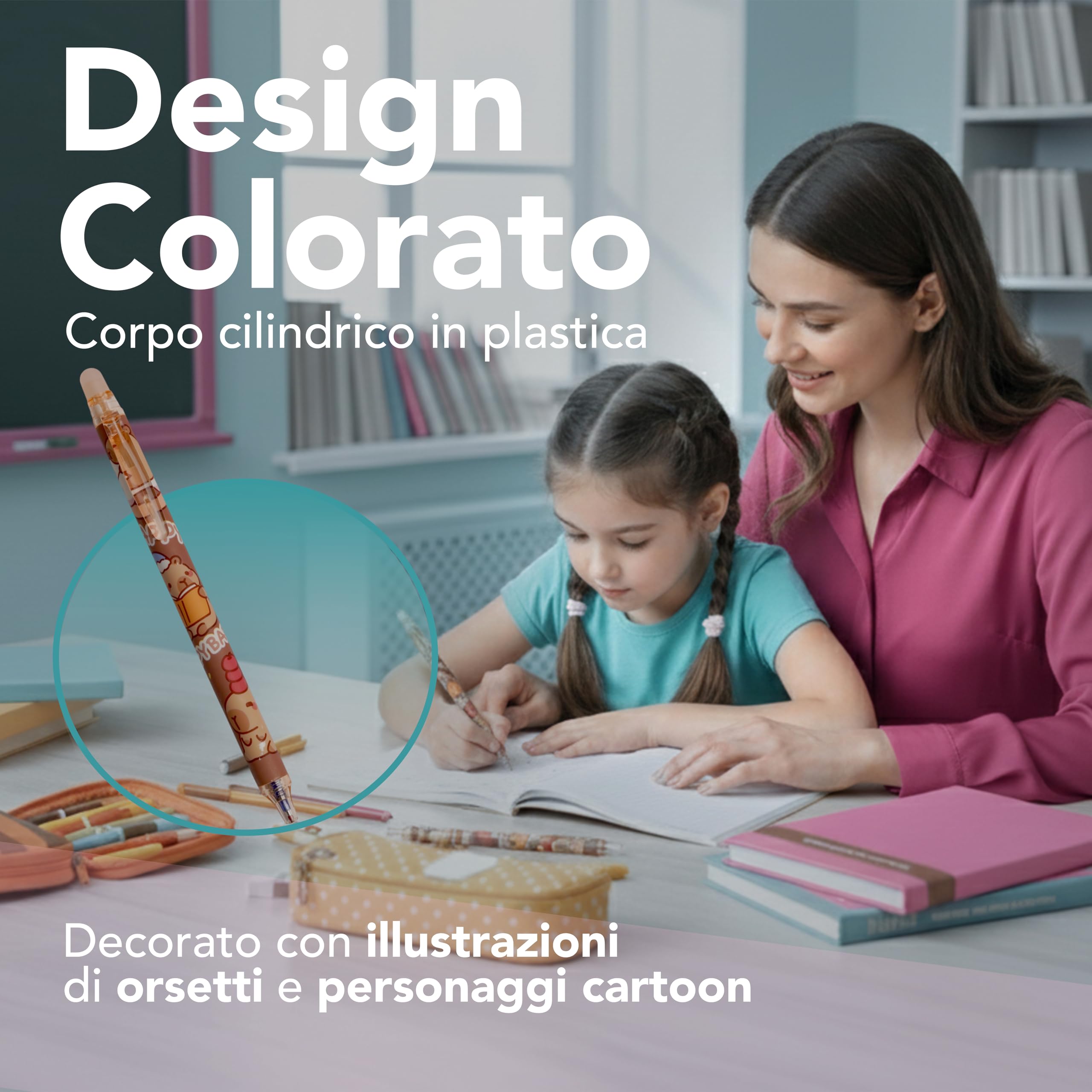 Generico Penne Cancellabili per Bambini Punta Fine 0,5 mm 6 Pezzi Ricaricabili Inchiostro Cancellabile Design Cartoon