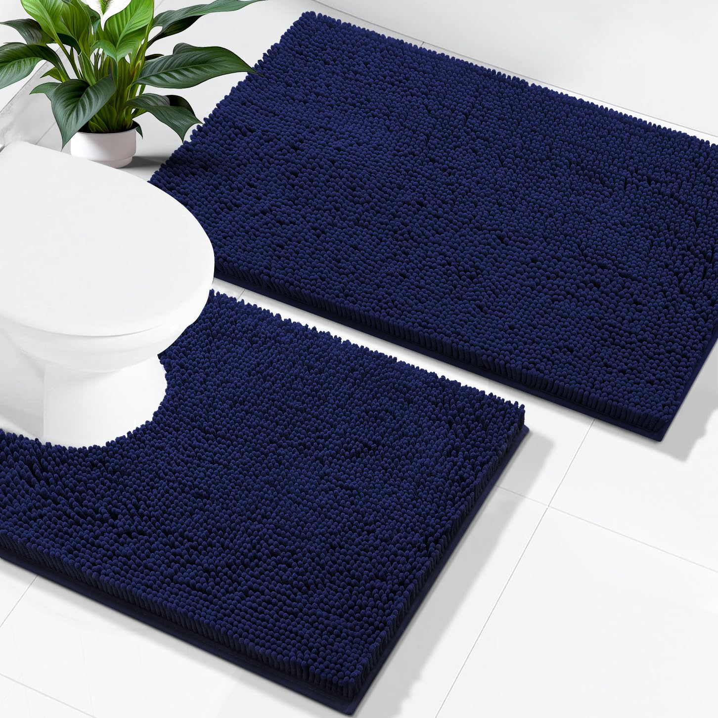 Smiry Chenille Bathroom Rugs Sets 2 Piece (24x16+ U Shape 24x20, Navy Blue)
