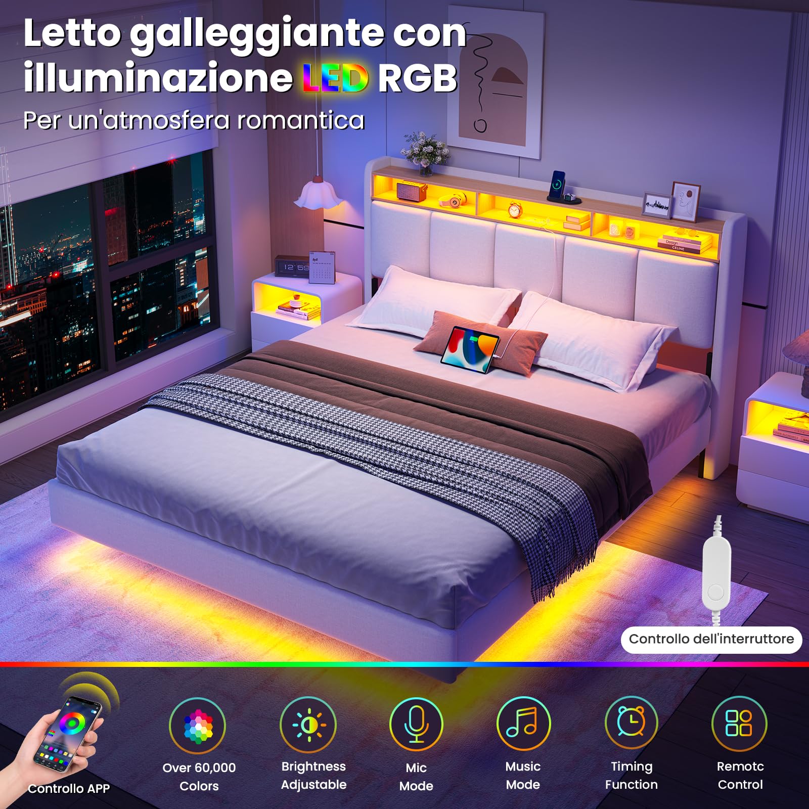 Letto Matrimoniale 180x200cm Fluttuante, Testiera Imbottita, LED e Ricarica