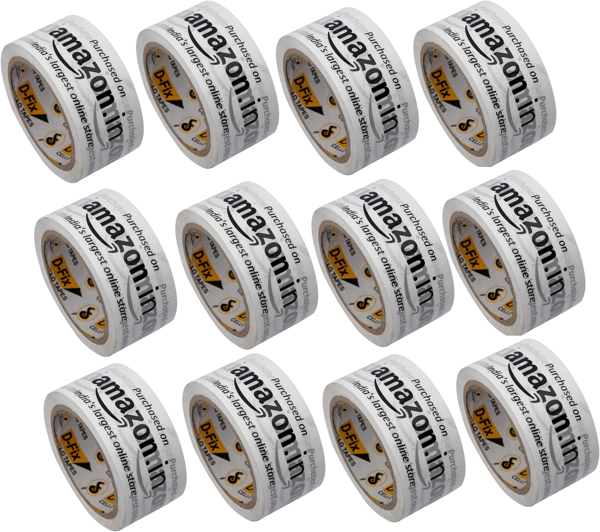 D-fix Self Adhesive Amazon Printed Packing Cello Tape - 65 Meters in Length - 48mm Width, BOPP Industrial Packaging Tape for E-Commerce Box Packing Pack of-12, White