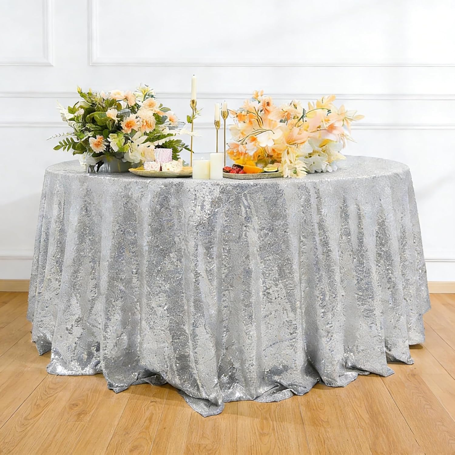 Silver Sequin Tablecloth 120" Round Sparkly Drape Table Cloths Table Cover Overlay for Wedding Birthday Party Baby Bridal Shower