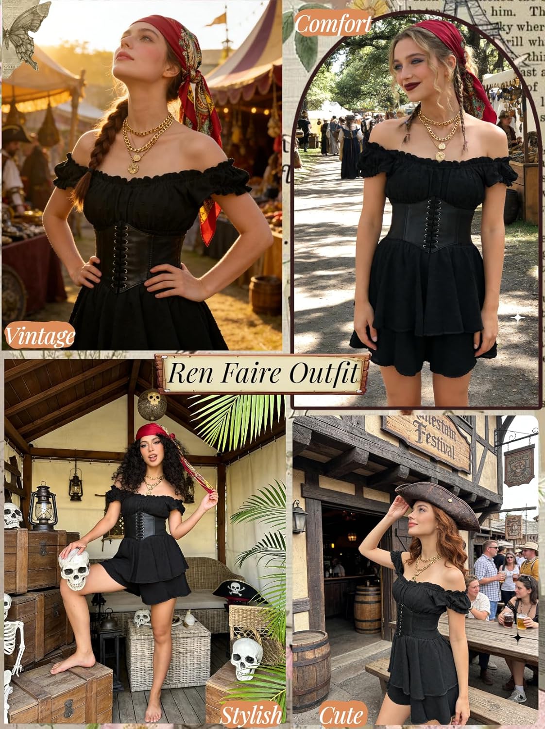 Womens Pirate Costume Dress Pirate Costumes Outfit for Women with Headscarf Corset Accessories 4PCS - Image 3