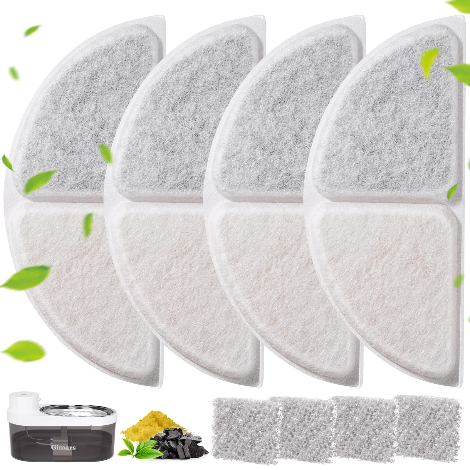 Gimars Cat Water Fountain Filters for Pet Fountain CYD008, 4 Replacement Filters and 4 Foam Sponges for Cat Water Dispenser, Keep Water Clean and Fresh
