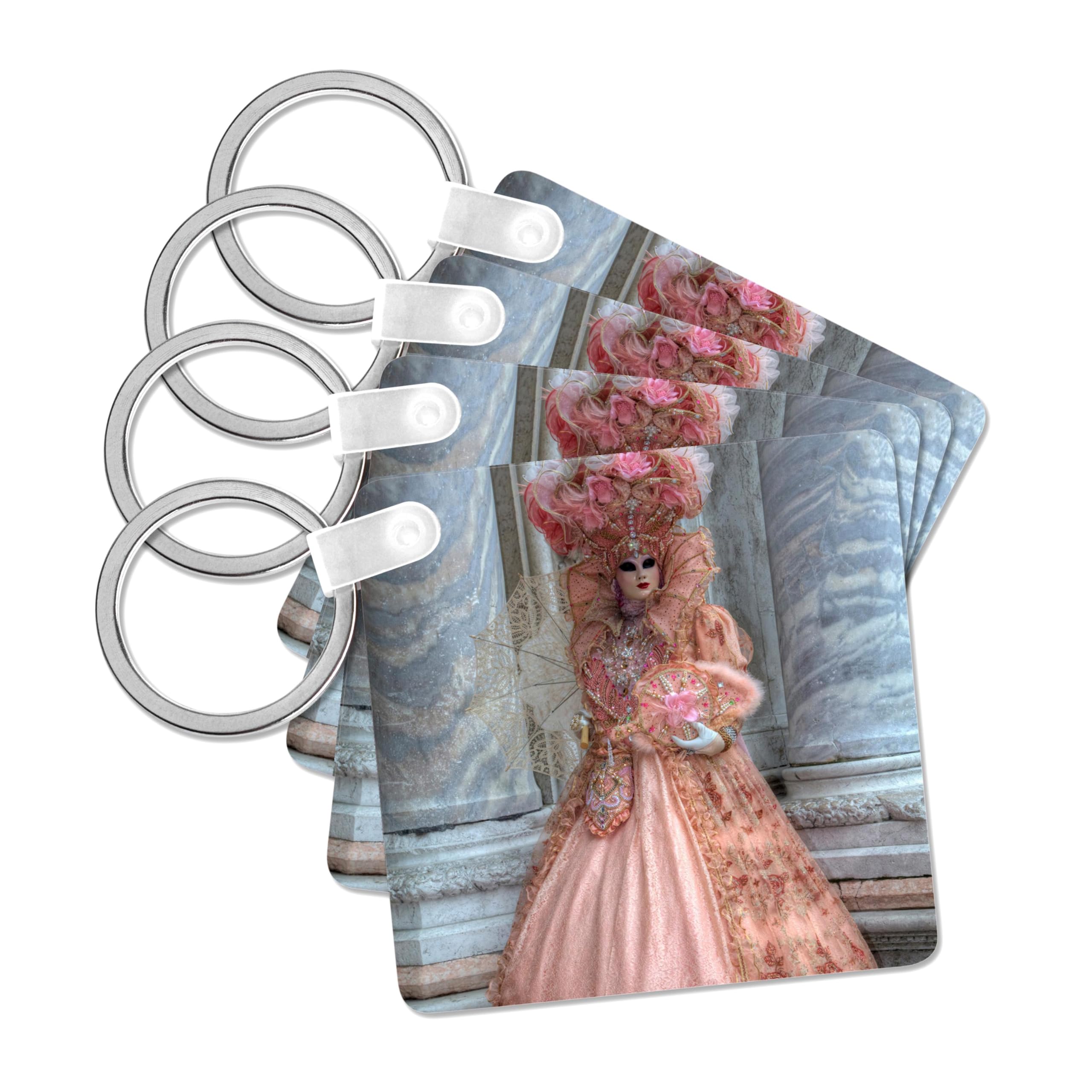 3dRose, Venice, Italy. Carnival Participant Wearing Pink Mask and Costume, set of 4 Key Chains