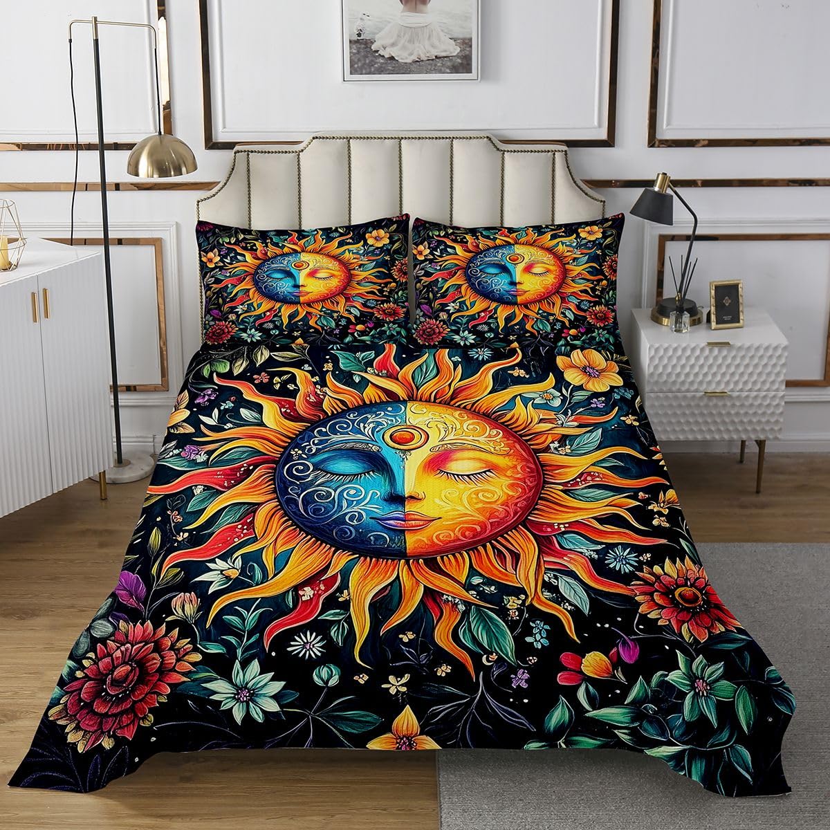 Homewish Juego de colcha de sol y luna, tamaño King, diseño bohemio, exótico, estampado floral, bohemio, para niños y niñas, diseño hippie de galaxia, astrología, ropa de cama acolchada