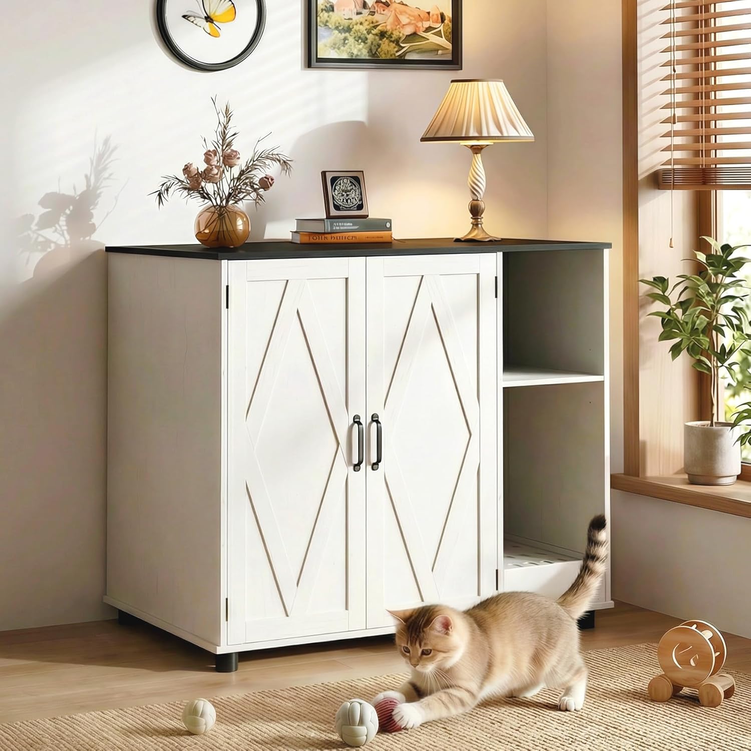 Large Litter Box Enclosure with Litter Collector & Dog-Proof Shelf, Cat Litter Box Furniture for Automatic Litter Box & Cat Robot 3/4, Enclosed Litter Box Cabinet, Side Table, White