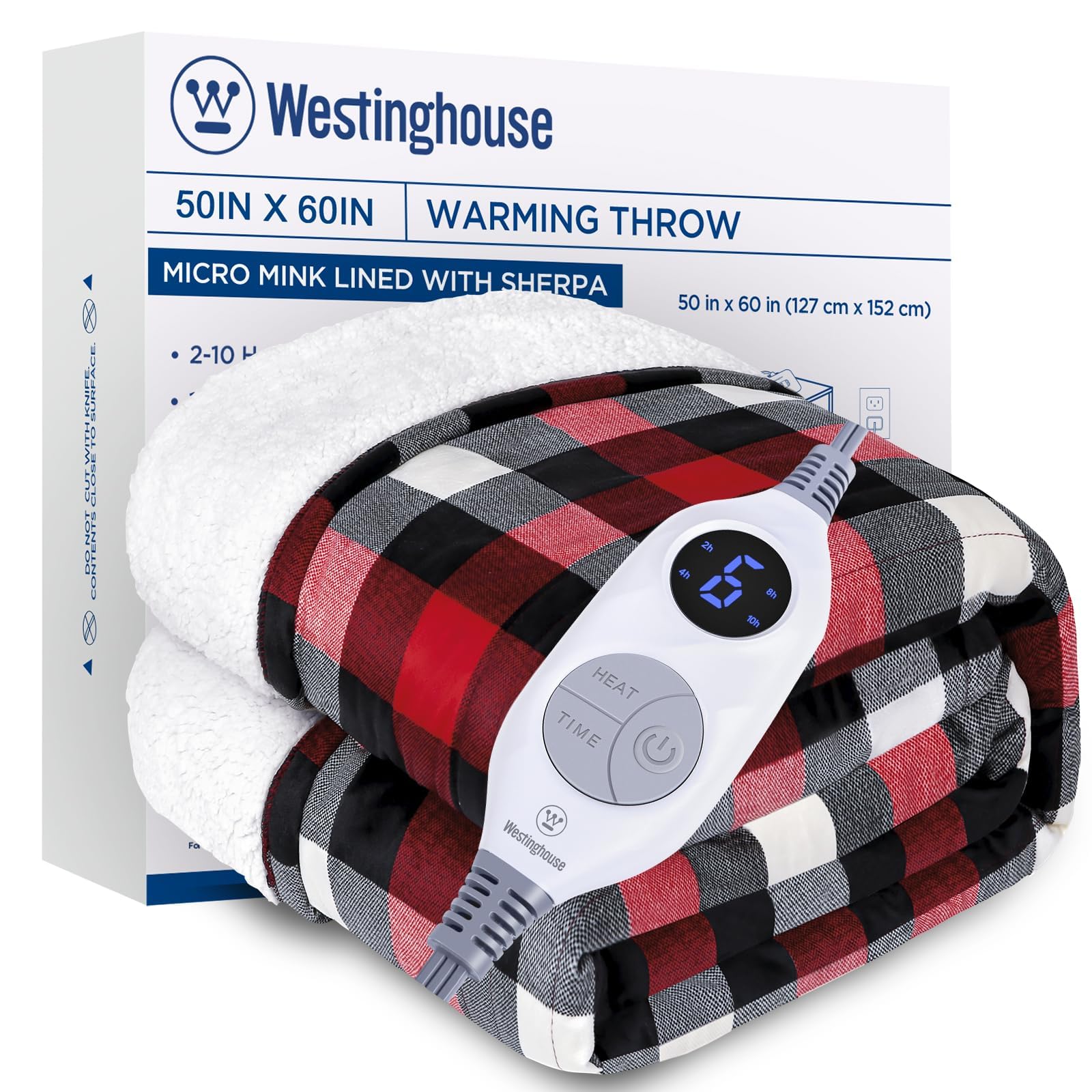 Westinghouse Electric Throw Heated Throw Blanket Soft Flannel & Sherpa Heating Blanket with 6 Heating Levels 2-10 Hours Auto-Off, Fast Heating & Overheat Protection Machine Washable, Red 50x60 Inches