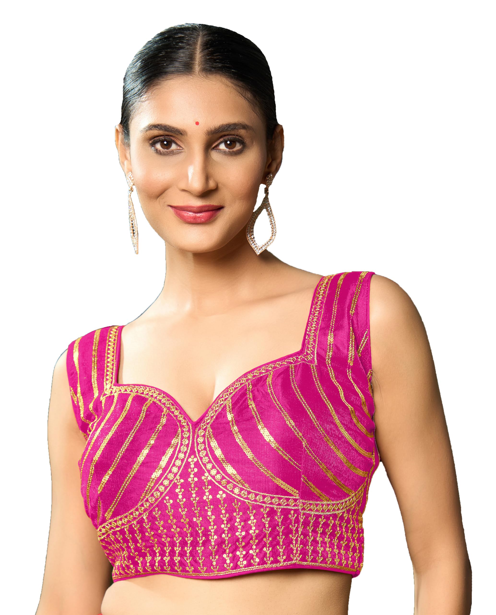 Pujia Mills Women's Readymade Blouse Embroidery Multi Coding Gold Thread Indian Ethnic Designer Stitched Readymade Saree Sleeveless Pink Blouse For Women For Saree Lehenga Choli
