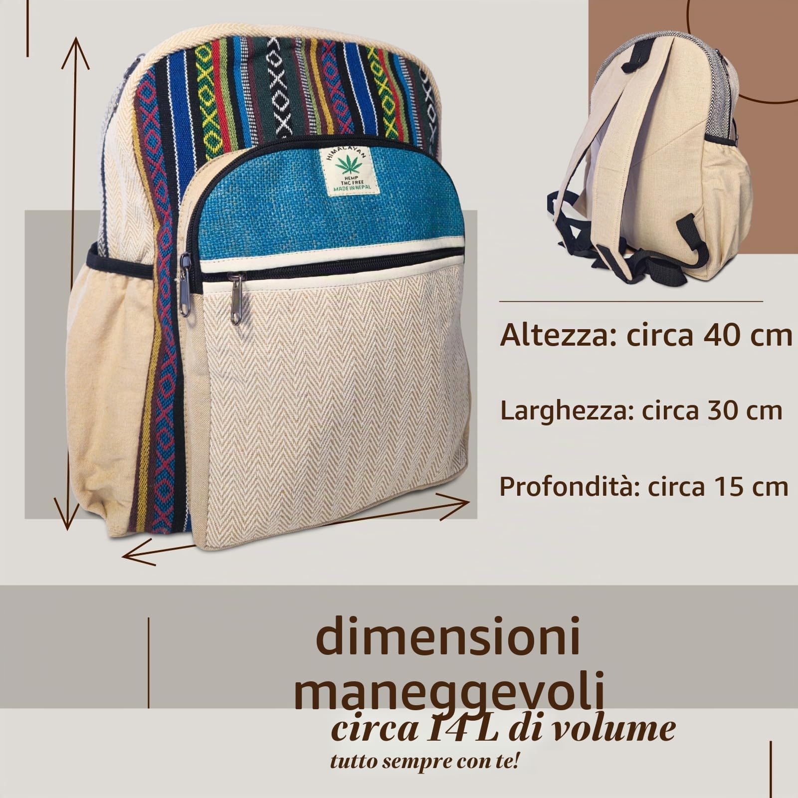 Zaino Himalayan Hemp – fatto a mano – Zaino unisex in canapa – stile etnico – scomparto per computer portatile – ideale per università, viaggi e uso quotidiano – prodotto in Nepal