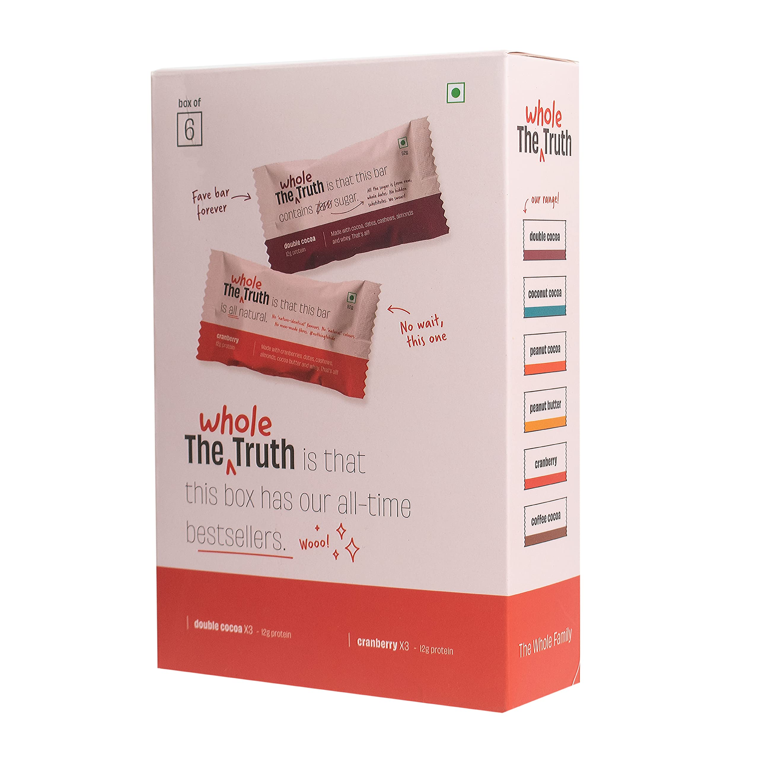 The Whole Truth - Protein Bars | Assorted Pack of 6 x 52g (3 Double Cocoa + 3 Cranberry) | No Added Sugar | No Preservatives | No Artificial Sweeteners | No Gluten or Soy | All Natural Ingredients (B08QFFXDCH) Amazon Price History, Amazon Price Tracker