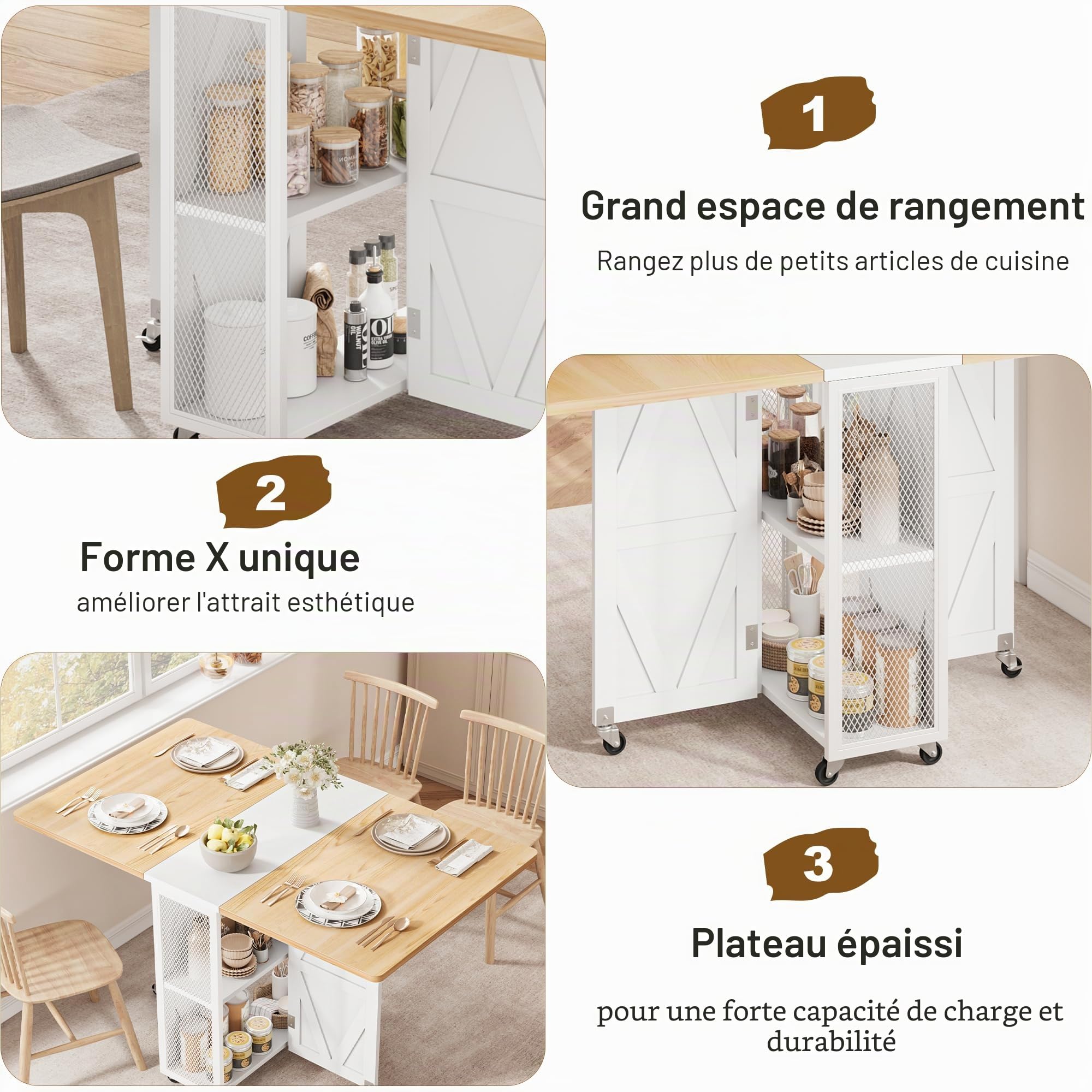 Jocoevol Table à Manger Pliante sur roulettes, Gain de Place pour 2-4 Personnes, avec Niche et Étagères Ouvertes, Idéale Petit Espace Cuisine Salle à Manger, 120x60 cm, Érable et Blanc