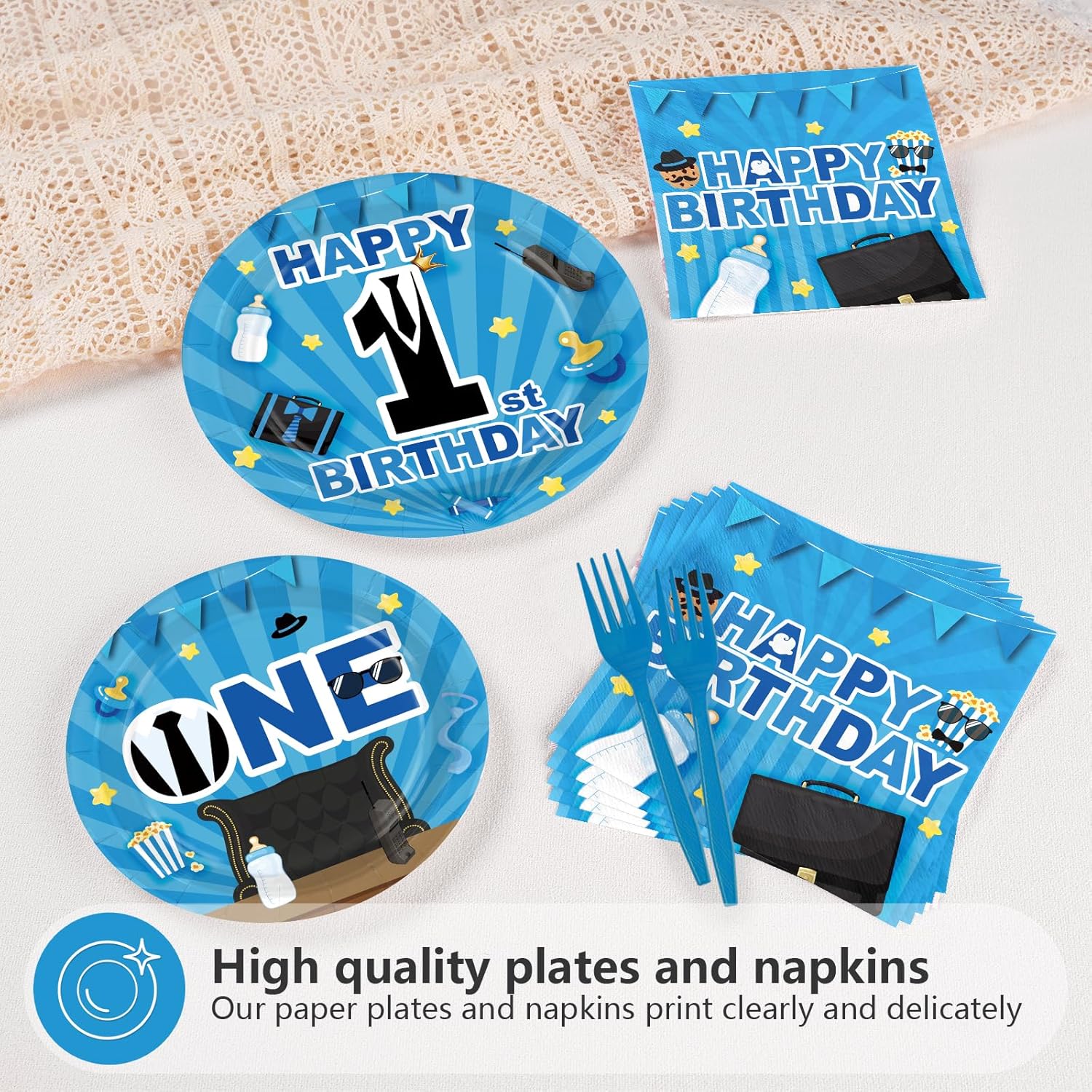 96 Pcs Boss 1st Birthday Party Decorations Baby Boy First Birthday Plates and Napkins Disposable Blue Black Boss Cartoon Themed Tableware Set for Boys Kids One Year Old Party Supplies Serves 24