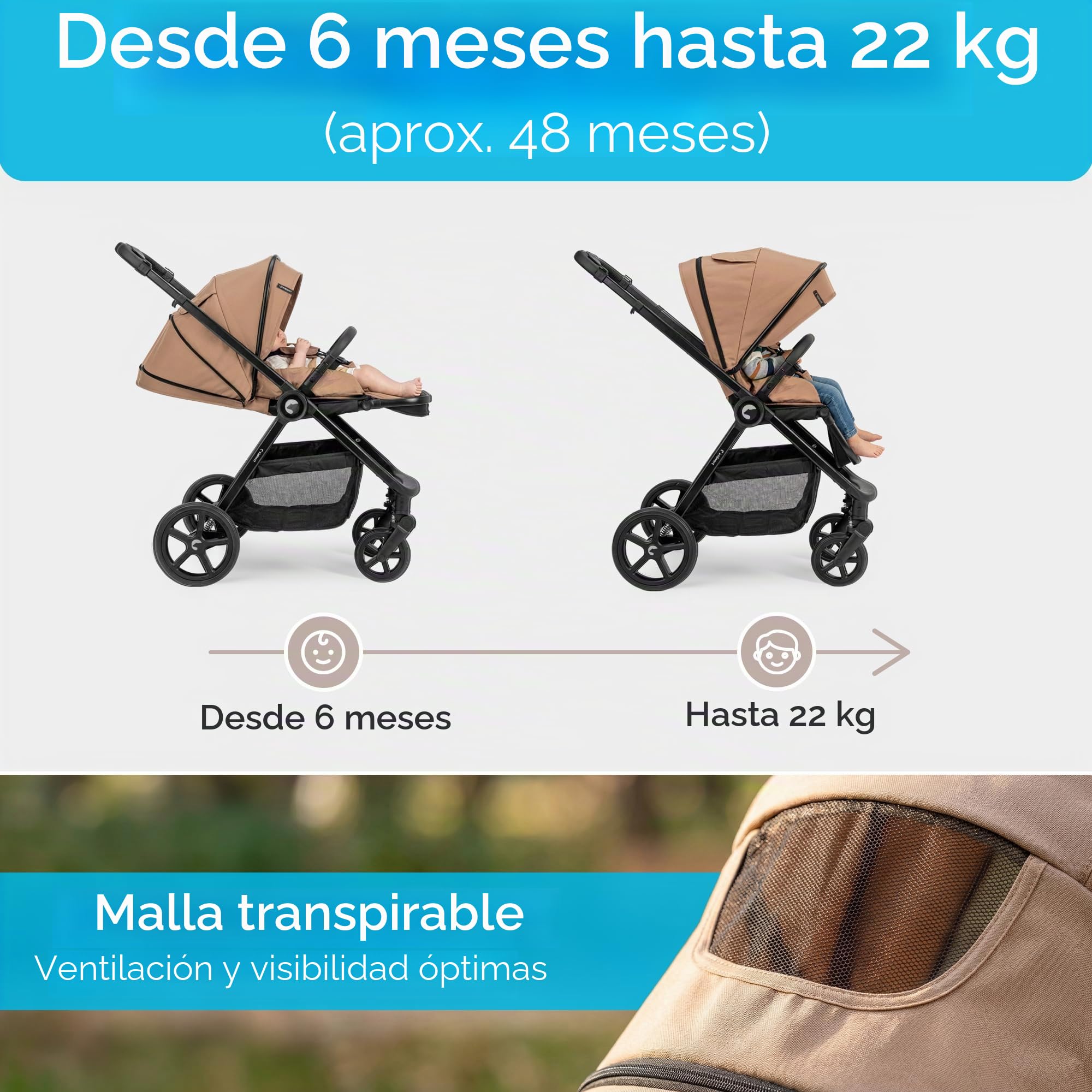 Älskar - Cochecito de bebé reversible, plegable, compacto, hasta 22 kg, respaldo ajustable, techo con protección UV, cinturón de 5 puntos, cubierta para lluvia, mosquitera, bolsa gris oscuro