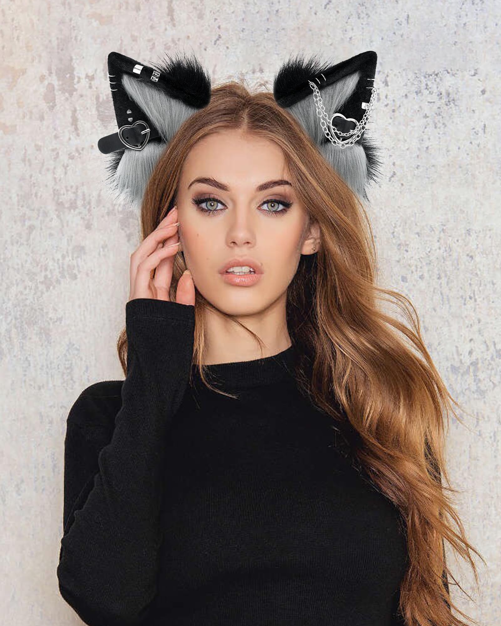 ZFKJERS Handmade Faux Fur Cat Ear Headband with Charms Cosplay Accessory for Halloween (Grey Black) - Image 4