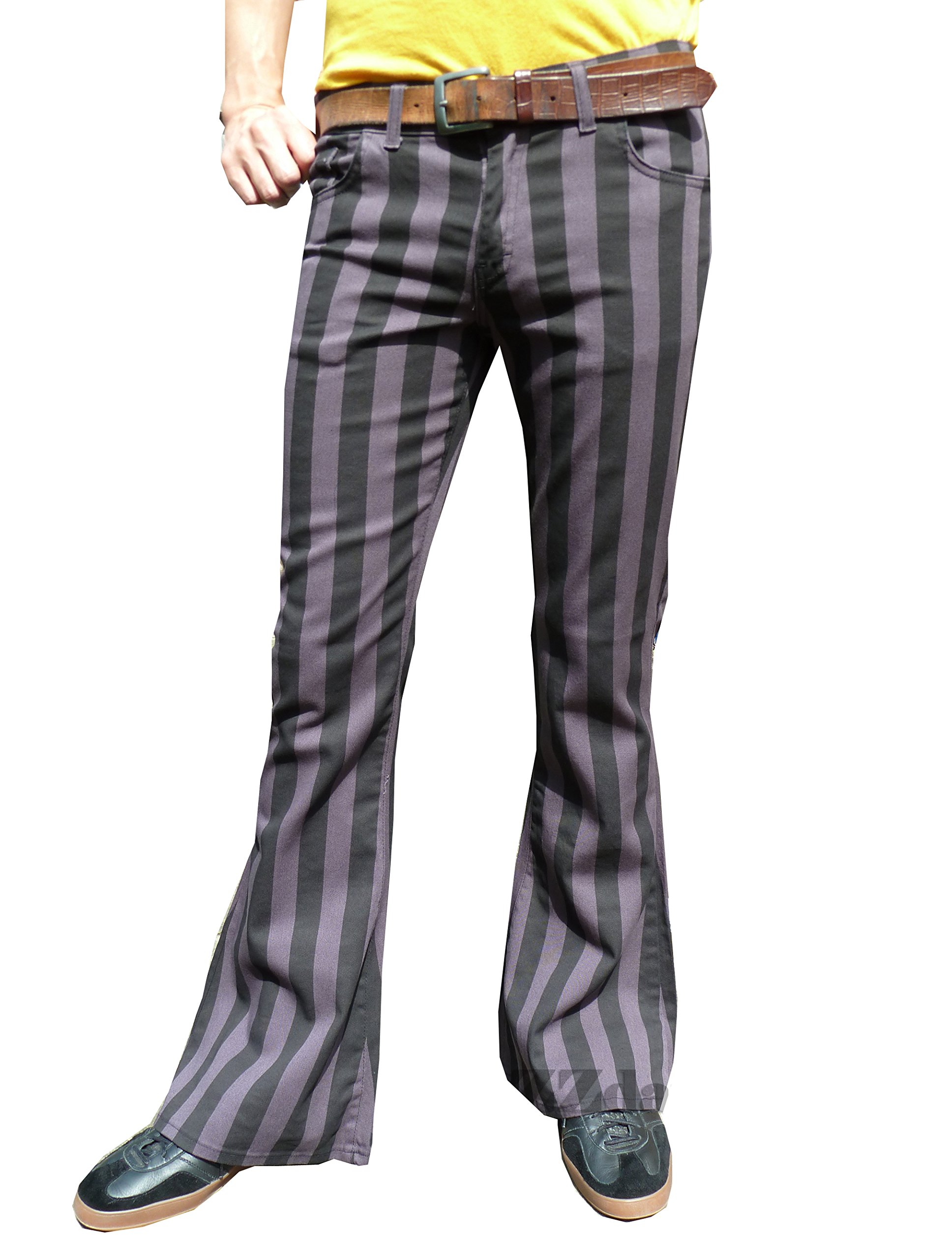Fuzzdandy Men's Grey Flares Bell Bottoms Retro Vintage Mod Indie Trousers Pants Jeans Striped Black Stripes (36 X 34)