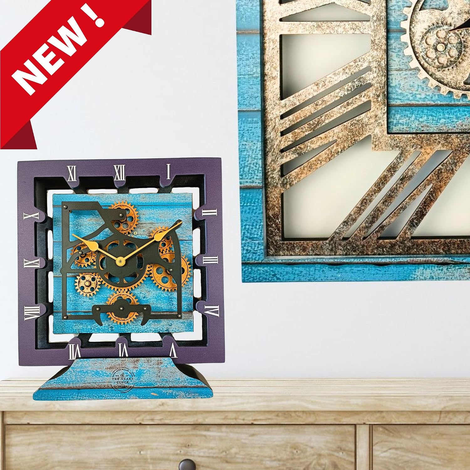 THE GEARS CLOCK Desk Clock 10 Inches with Real Moving Gear Square Convertible Into Wall Clock (Ocean Blue)