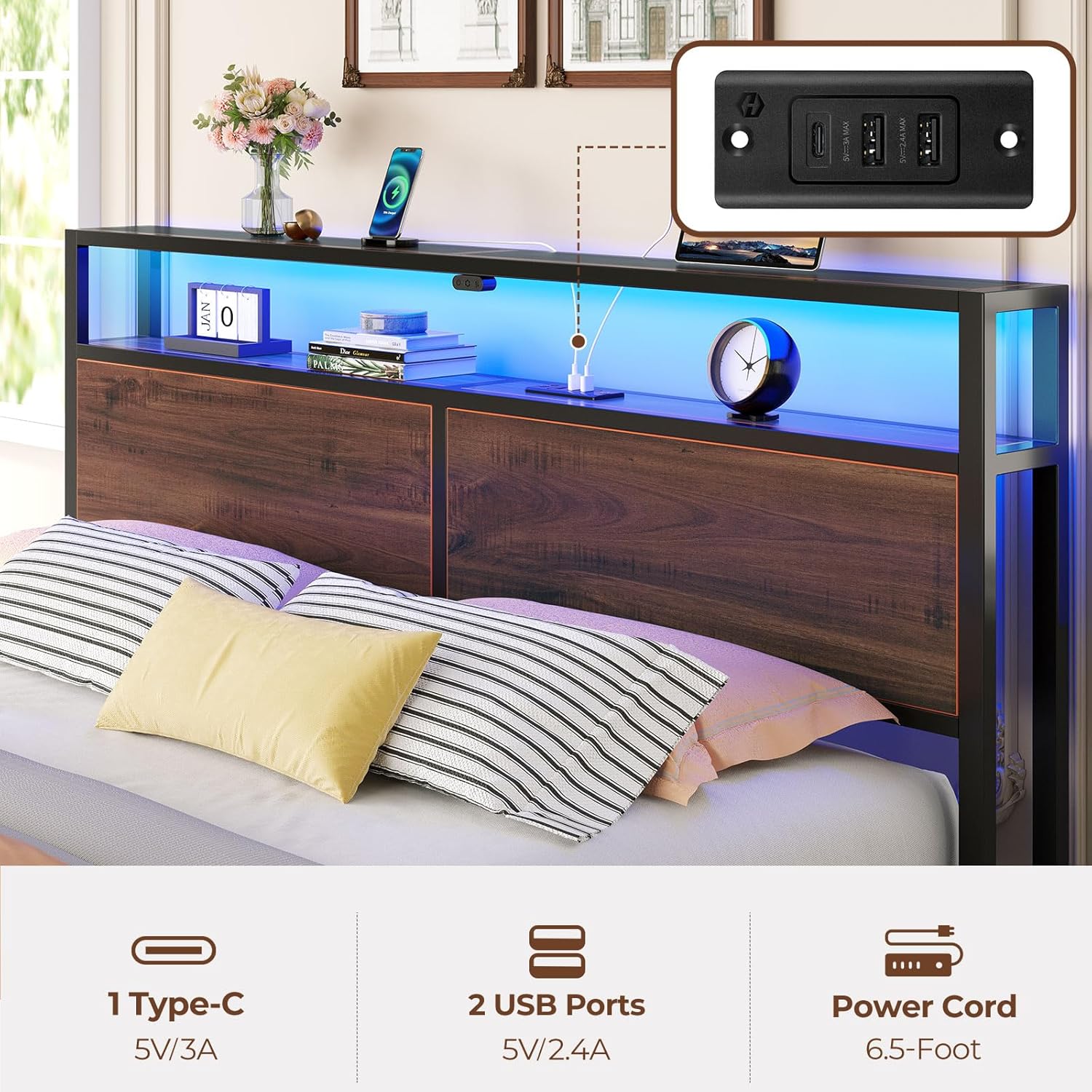 Close-up of the bed frame's headboard charging station with USB and Type-C ports