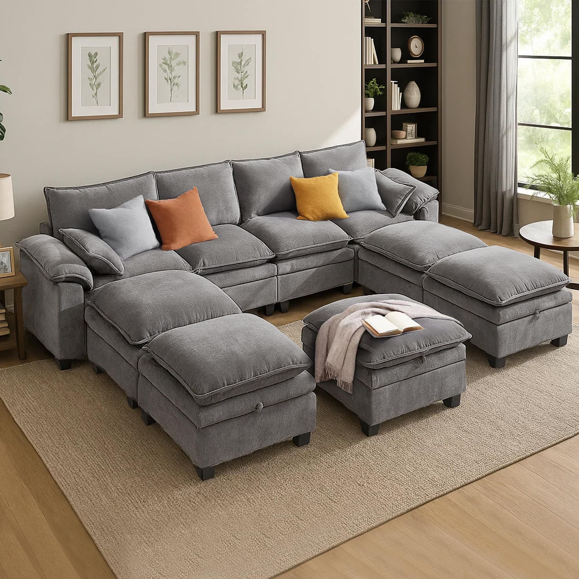 130 U Shaped Modular Sectional Sofa Couch with Ottoman Storage Chenille Cloud Couch with Plush Deep Seating for