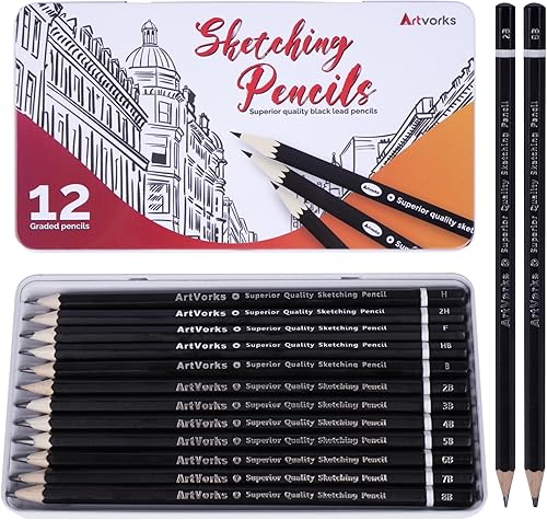 12 lápices de dibujo – Lápices de dibujo profesionales de grafito (8B-2H) en una robusta caja de metal – Ideal para dibujar, bocetar, sombrear para