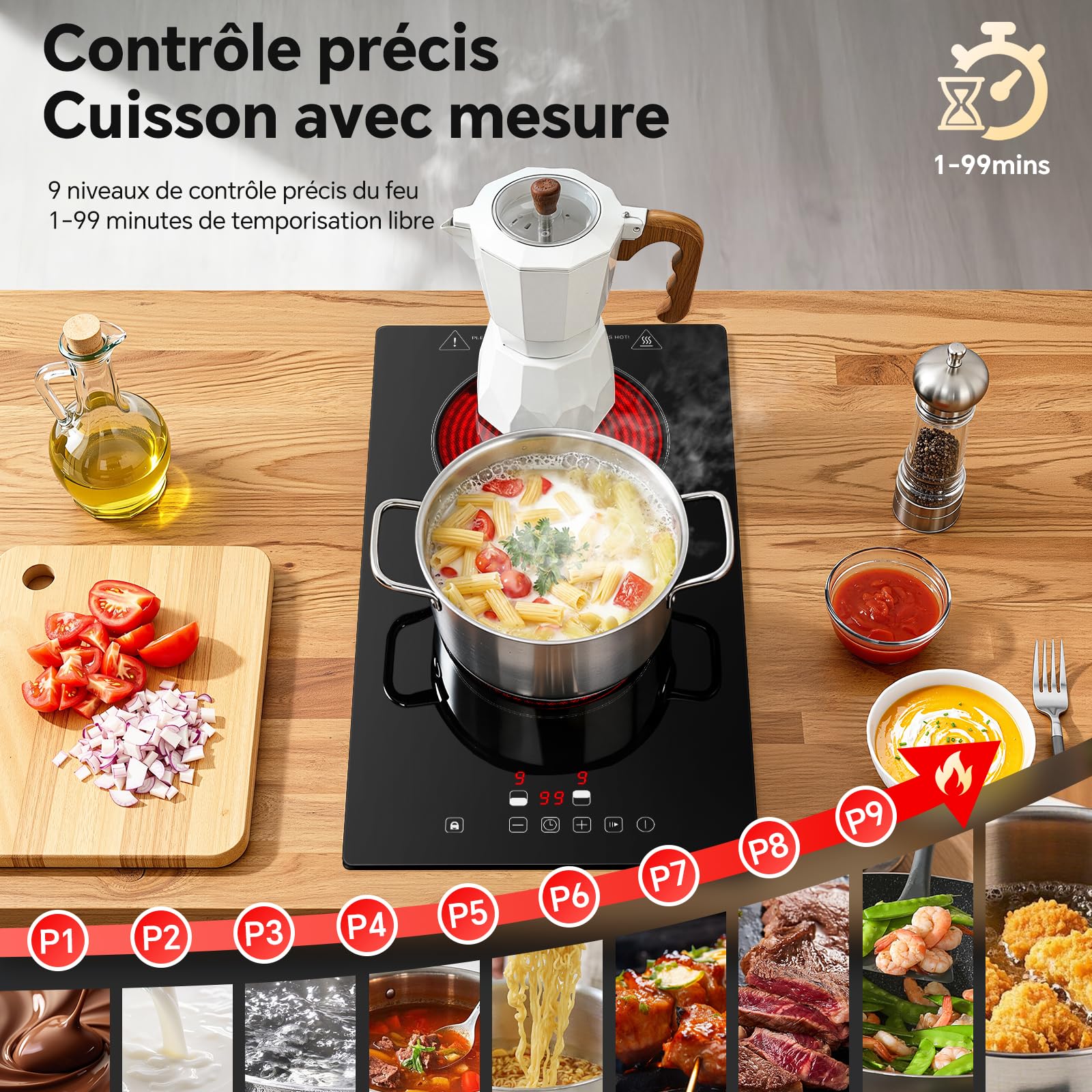 Plaque Vitrocéramique 2 Feux, Plaque de Cuisson Electrique 30cm, Encastrable Table de Cuisson Vitrocéramique, Commande Tactile, 3000W, 9 Niveaux de Puissance, Arrêt Automatique, Pour Toutes Les PoêLes - 4