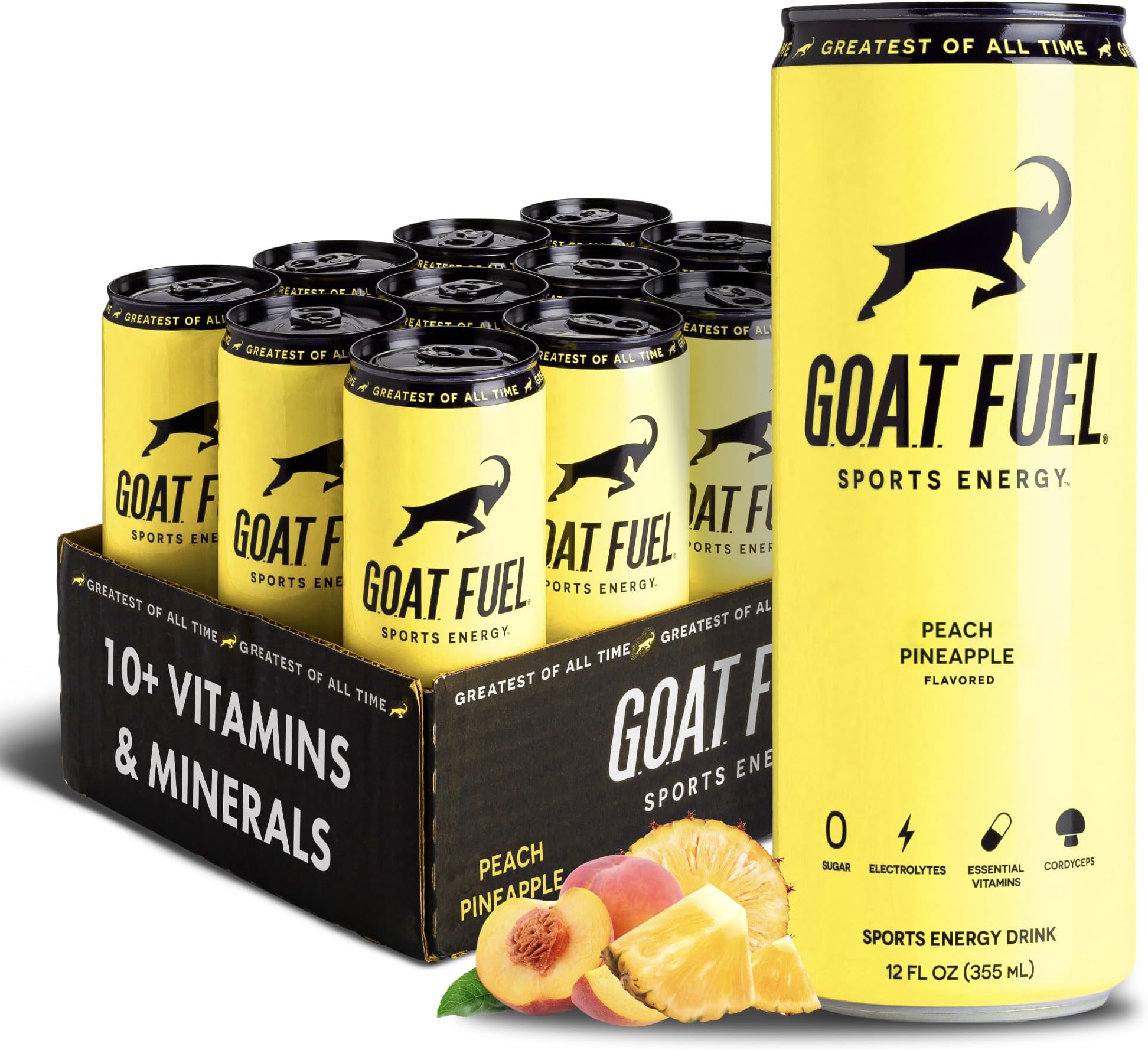 G.O.A.T. Fuel Energy Drink, Co-Founded by Jerry Rice, Natural Caffeine, Electrolytes, BCAAs, Cordyceps Mushrooms & Antioxidants, Light Carbonation Pre Workout, 12 Pack, 12 FL Oz, Peach Pineapple