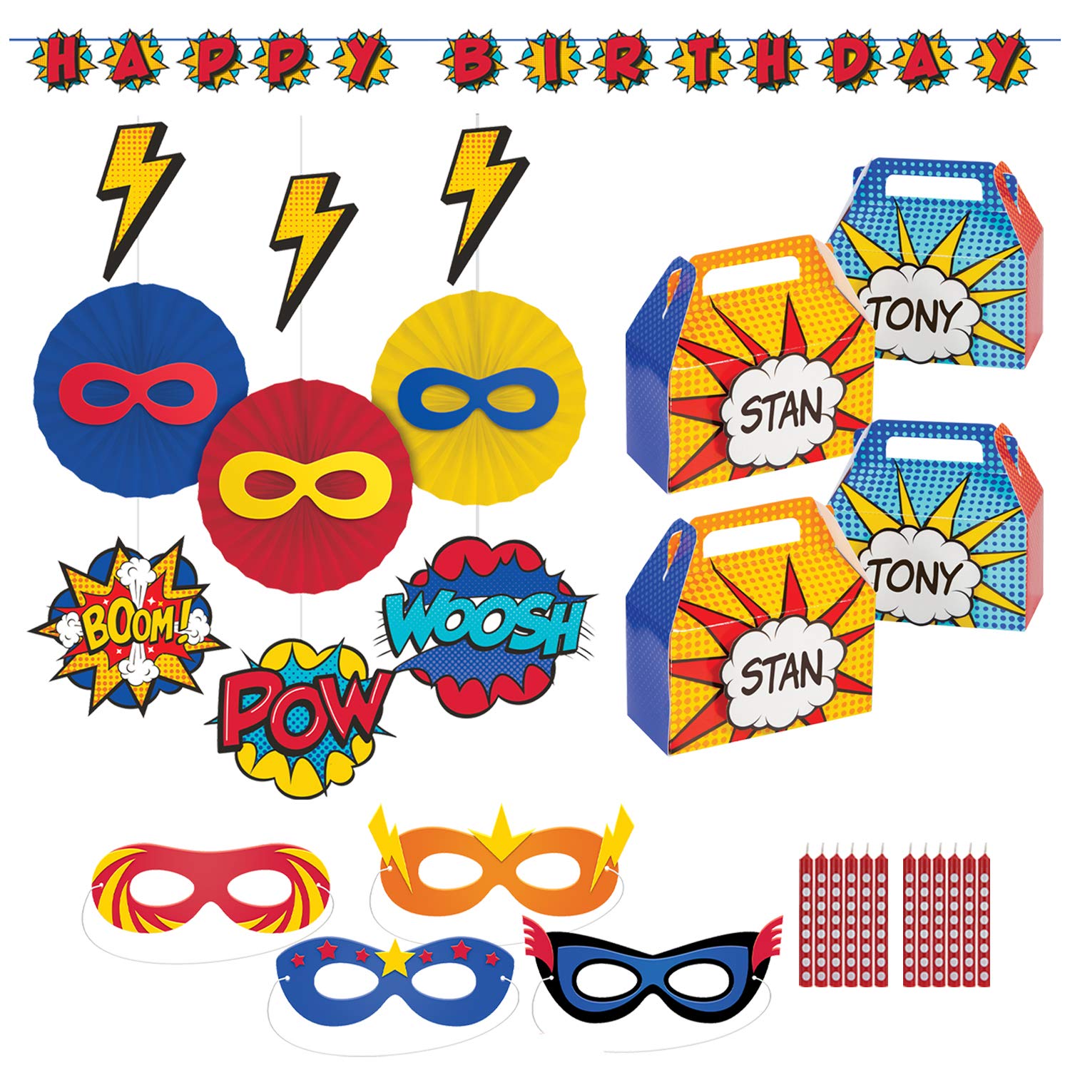 Amazon.com: Creative Converting Superhero Party Decor Bundle | Hanging  Decoration, Banner, Masks, Treat Boxes, Candles | Hero Birthday Supplies,  Kids Heroes Decorations : Home & Kitchen