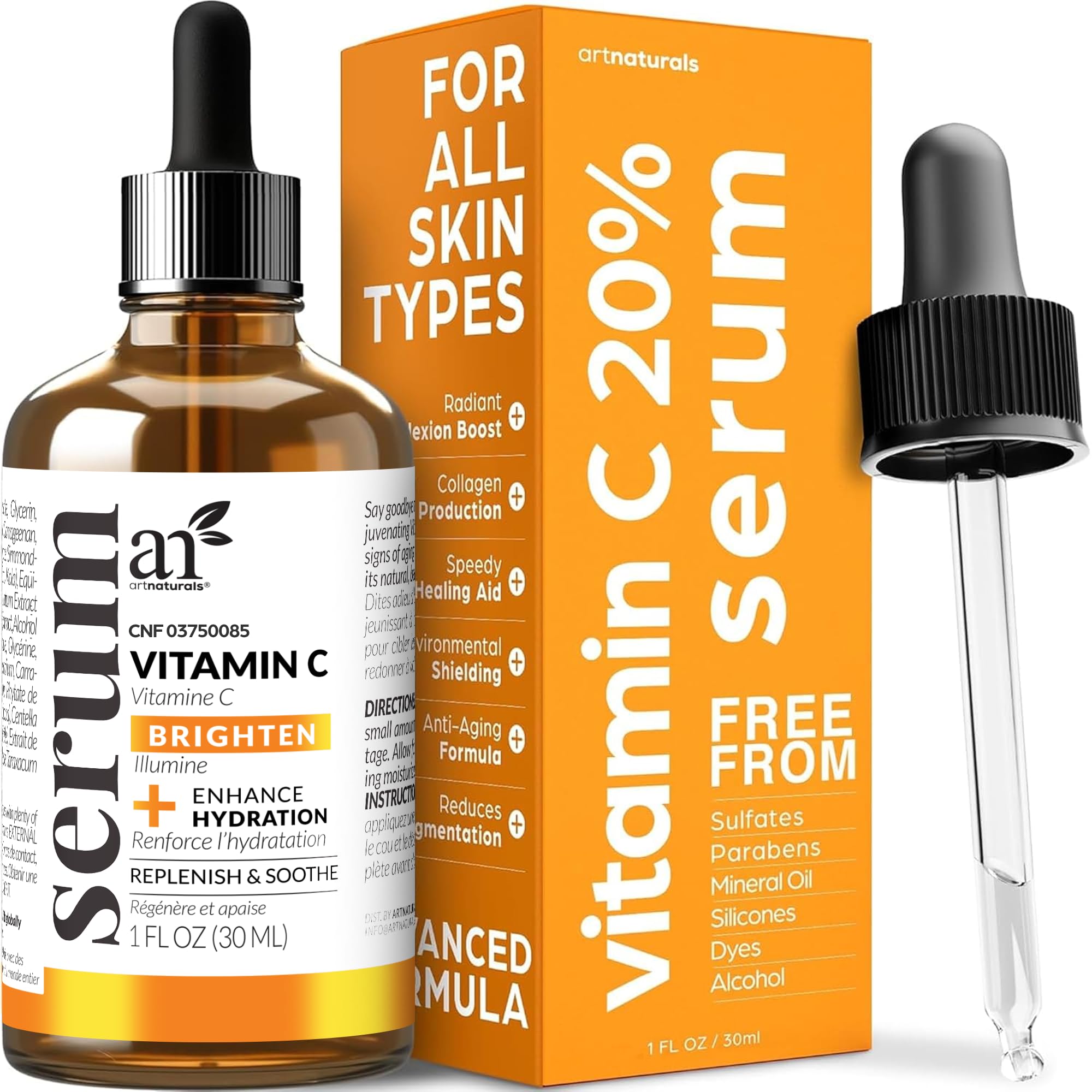 ArtNaturals Anti-Aging Vitamin C Serum - (1 Fl Oz / 30ml) - with Hyaluronic Acid and Vit E - Wrinkle Repairs Dark Circles, Fades Age Spots and Sun Damage - Enhanced 20% Vitamin C