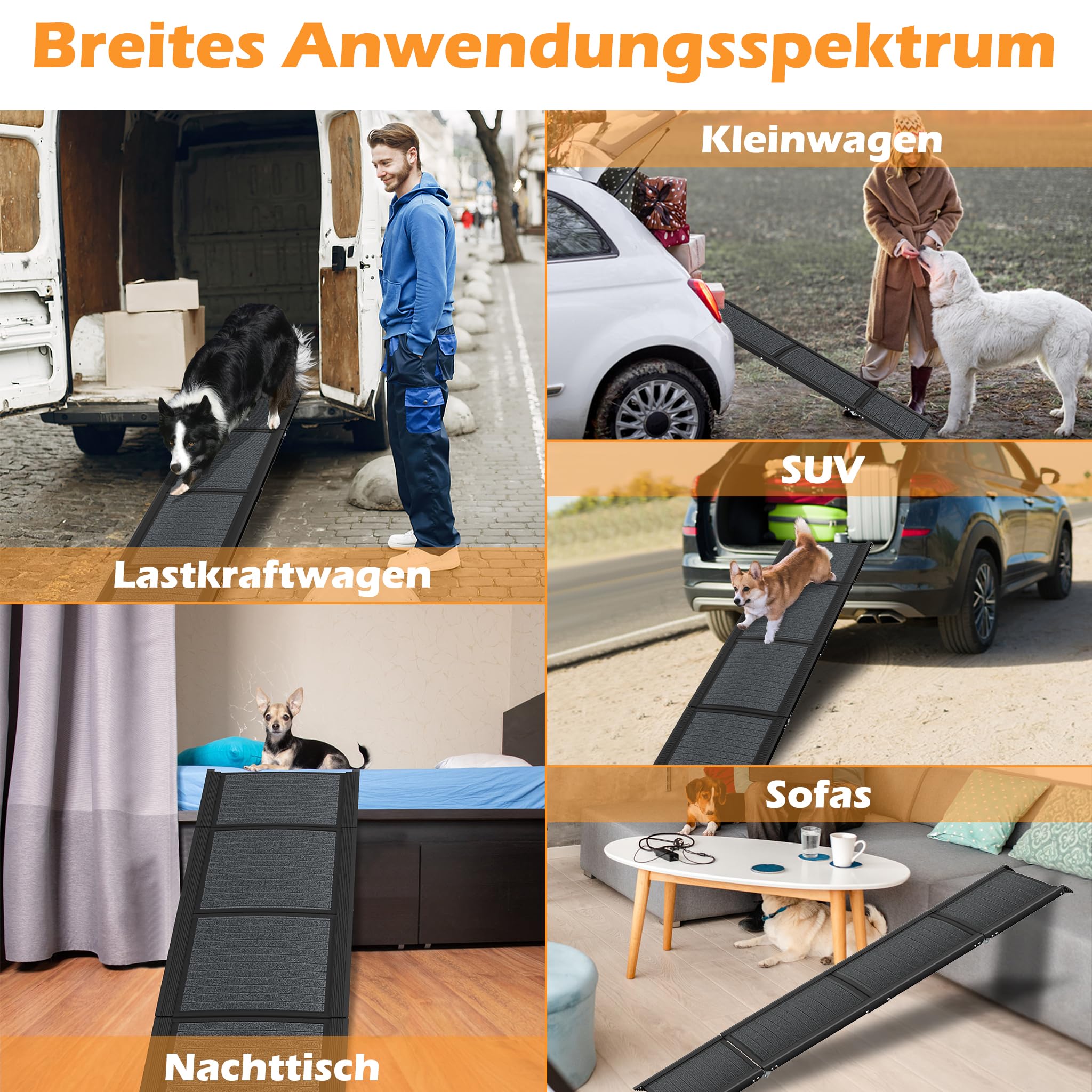 HENGMEI Hunderampe Klappbar Hundetreppe Auto Faltbare Kunststoff Hundeautorampe Hunde Auffahrrampe Kofferraum Einstiegshilfe, Haustiertreppe für Große und Schwere Hunde, 157x44cm, Schwarz