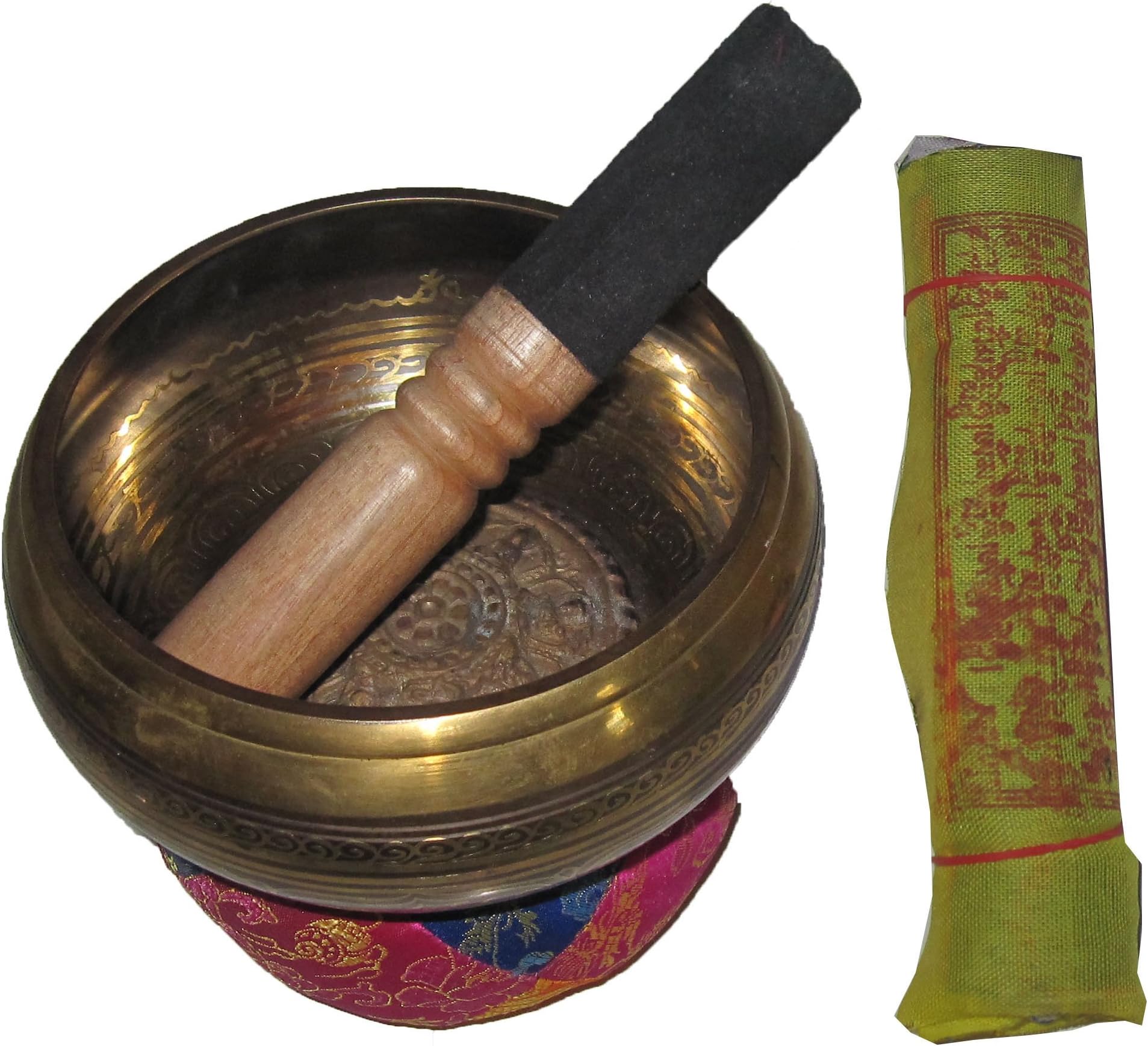 Exquisite 6 Inch Raised Engraved Tibetan Singing Bowl Made in Nepal with Striker and Free Roll of Prayer Flag