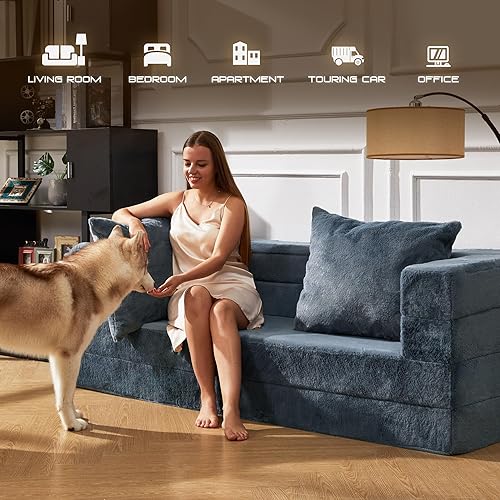 Miniatura 7 de Cansunna Puf plegable 3 en 1, cama de piel sintética, sofá grande de espuma, puf convertible, cama para perro con dos almohadas para adultos,