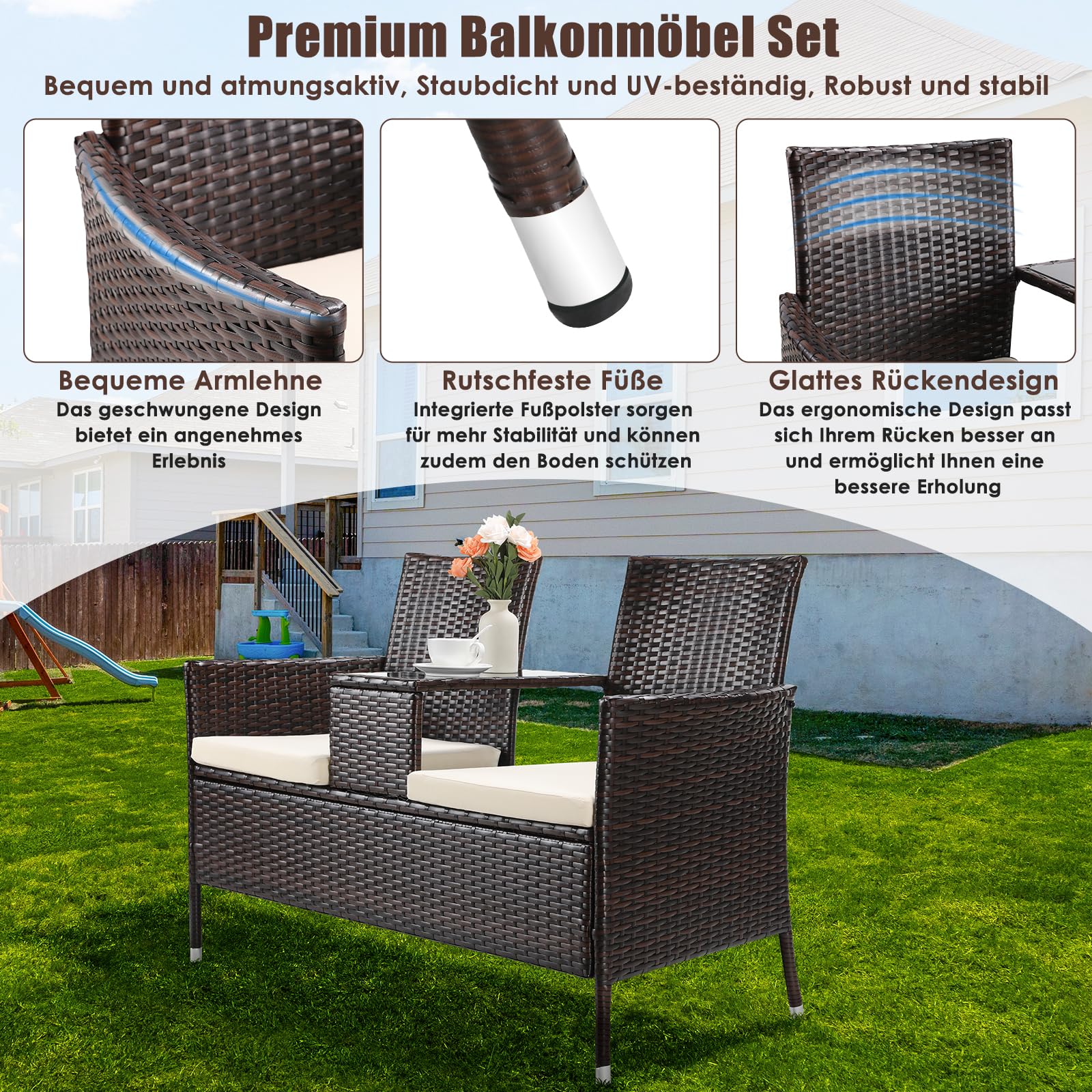 TLSUNNY Wetterfest Polyrattan Gartenbank, 2-Sitzer Gartenmöbel Set mit Integriertem Tisch, 2PCS Sitzkissen, Rattan Balkonmöbel, Bequem und Atmungsaktiv, 120X54X83cm, Groß Balkonmöbel Set, Braun