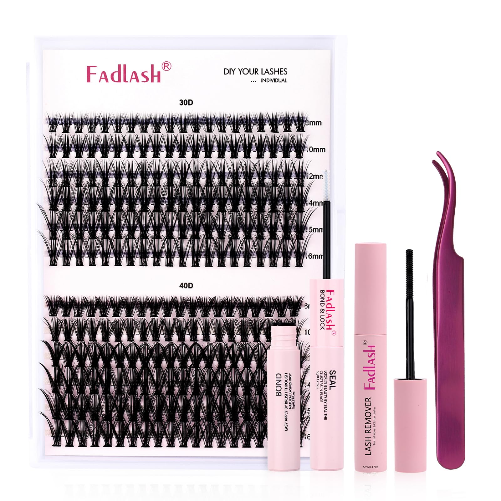FADLASH Kit Pestañas Postizas Individuales 240pcs 30/40D 8-16mm, Bond and Seal, Removedor Pegamento Pestañas, Pinzas de Pestañas Bricolaje en Casa