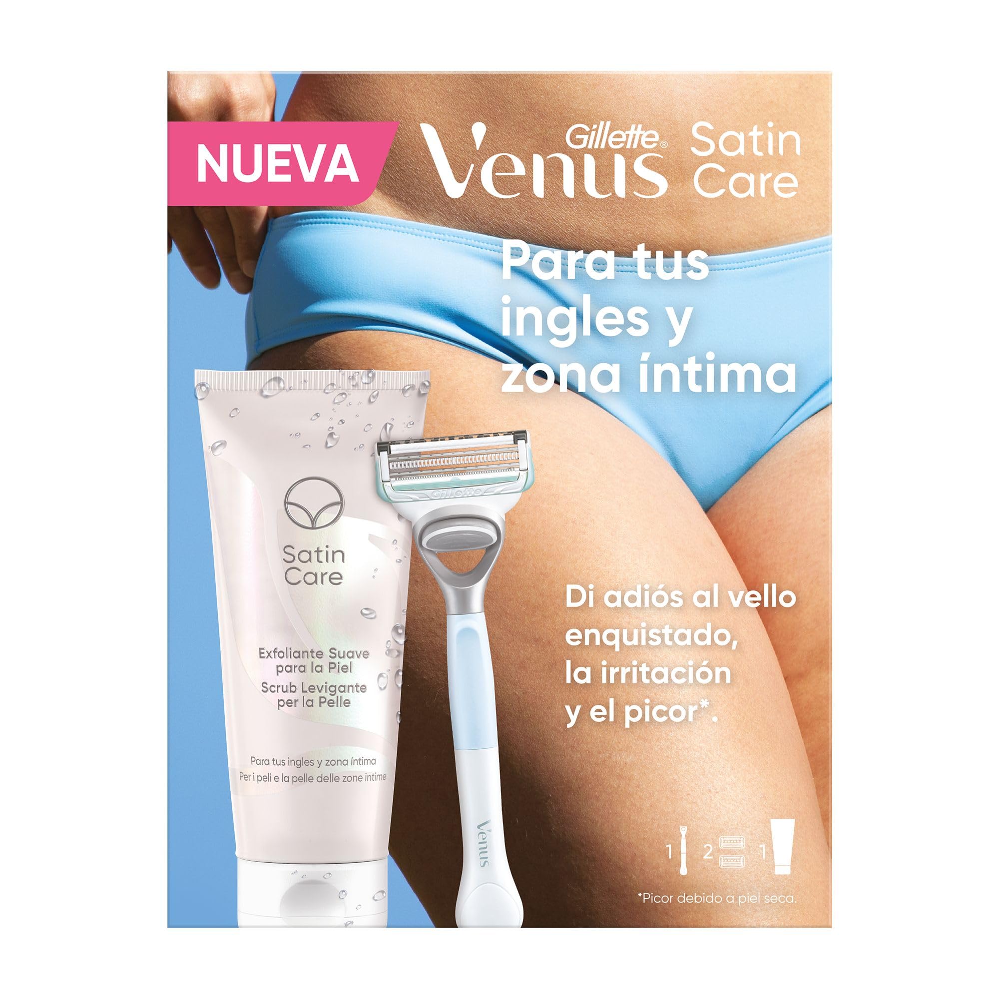 Venus Satin Care Exfoliante Suave, Para Tus Ingles Y Zona Íntima, 177 ml + 1 Mango + 2 Recambios