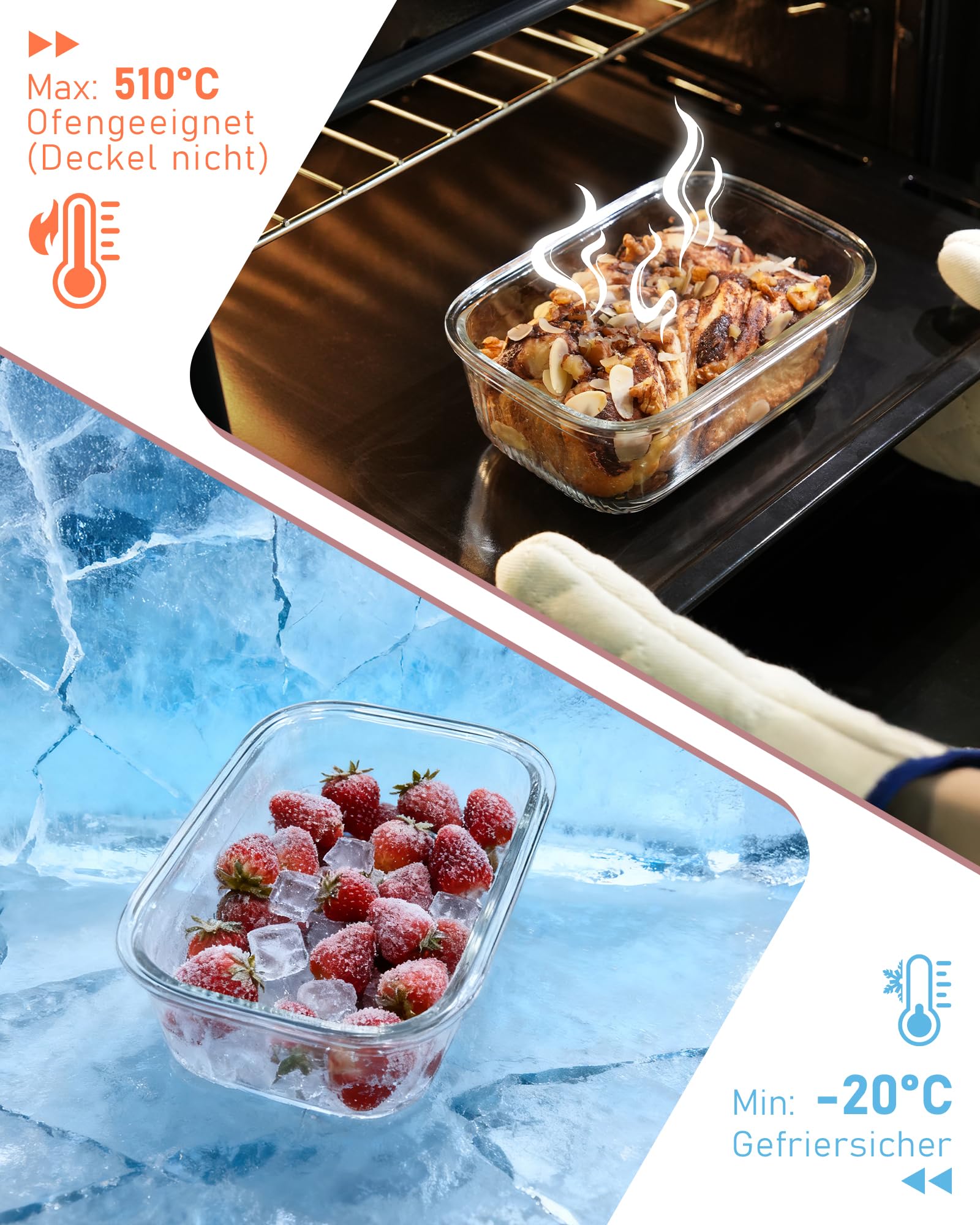 Glasdosen Set 2200ml mit Druckverschluss, Luftdicht & Auslaufsicher, Für Mikrowelle & Backofen, Ideal für Meal Prep & Aufbewahrung