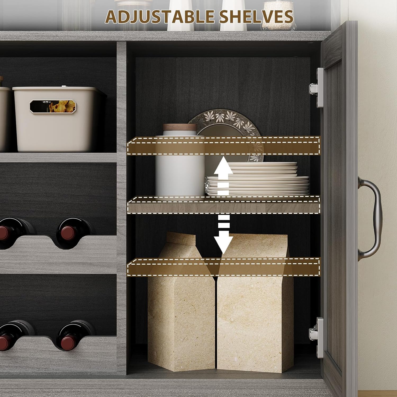 47 in Farmhouse Buffet Sideboard Cabinet with Power Outlets Coffee Bar Cabinet with Storage, Large Buffet Storage Cabinet Table with Wine Racks, Goblet Holder, Hooks for Kitchen, Dining Room, Grey