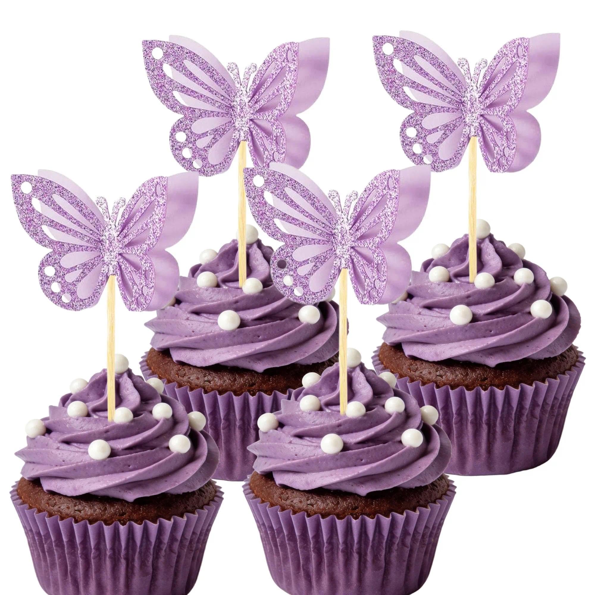 12 Pcs 3D Glitter Purple Butterfly Cupcake Toppers Shimmering Paper Cake Decorations for Birthday, Wedding & Baby Shower