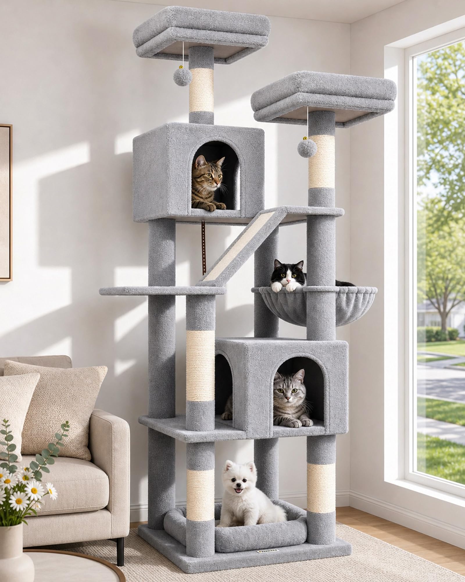 Globlazer F74D Kratzbaum Groß XXL Ecke Stabil 190cm fur 2-4 Katzen | Katzenbaum mit 2 Katzenhaus, 2 Gepolsterte Sitzstangen, Katzenkorb VergröBern, Sisal Kratzbrett, Hundebett