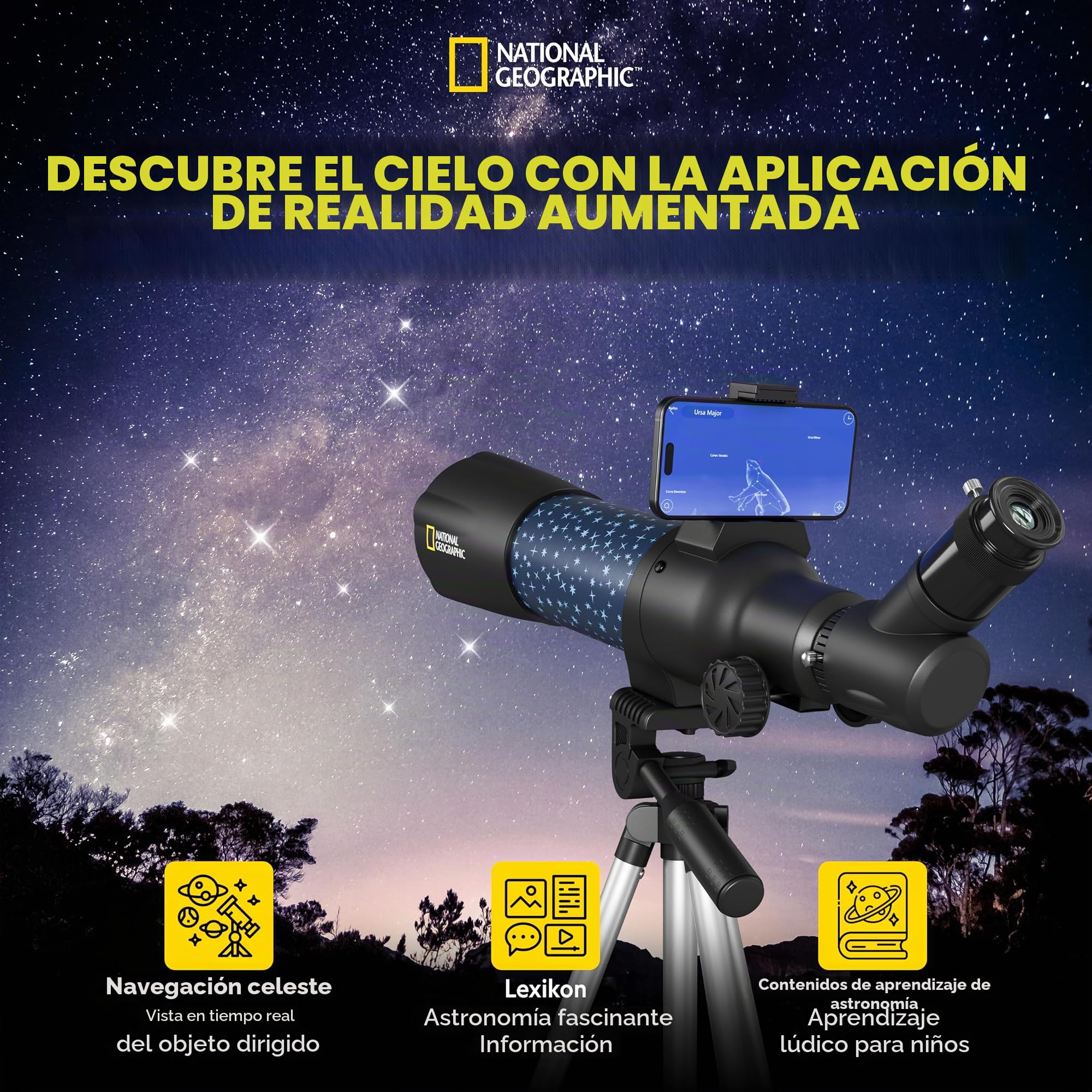 National Geographic Smart AR - Telescopio Infantil con trípode, Mochila, Soporte para Smartphone y aplicación de Realidad Aumentada