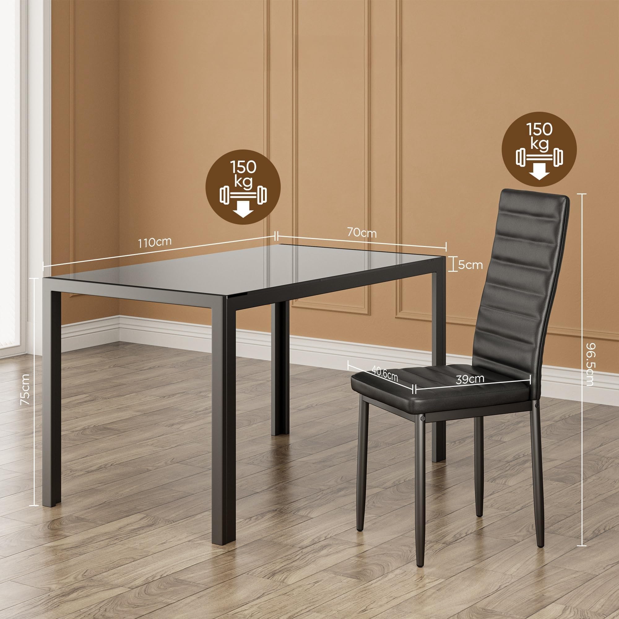 Bealife Table à Manger avec 4 Chaises, Table Rectangulaire en Verre Trempé et Chaises en Similicuir Noir