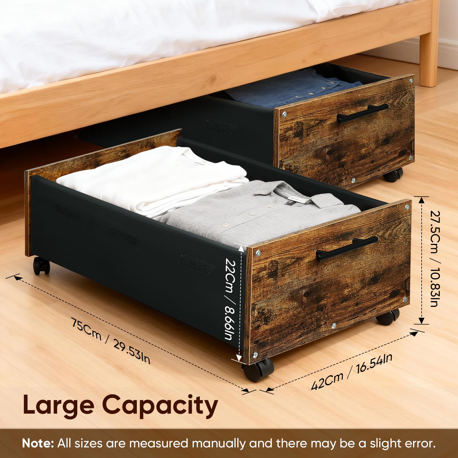 2er Set 70L Unterbett Aufbewahrungsbox mit Deckel, Unterbettkommode mit Rollen, Holz & Metallrahmen, Bettkasten Aufbewahrung für Kleidung, Schuhe, Spielzeug und Decken 75x42x27,5cm
