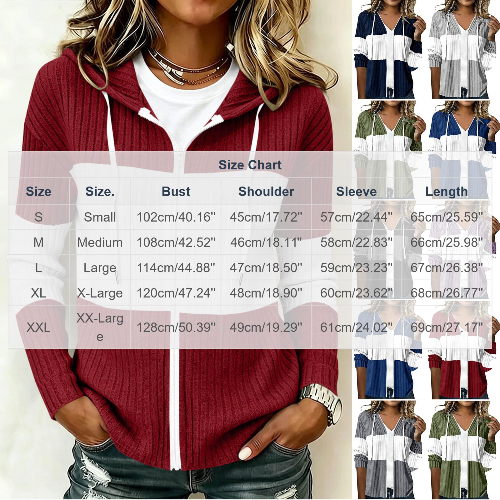 Strickejacke Damen Strickpullover Zip Hoodie Farbblock Rippstrick Pullover Mode Cardigan Oversized Sweatjacke Atmungsaktiv Winterpullover Leichte Übergangsjacke Lässige Elegante Stricke Sweatjacken