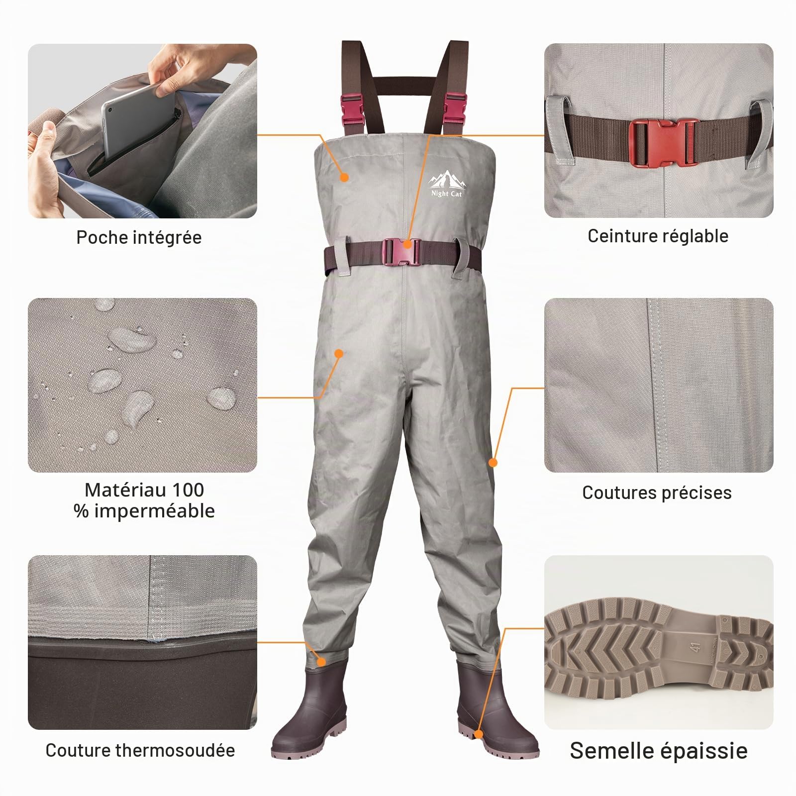 Night Cat Waders Pêche Homme Cuissardes Imperméable Respirant PVC Bottes Taille 40-47
