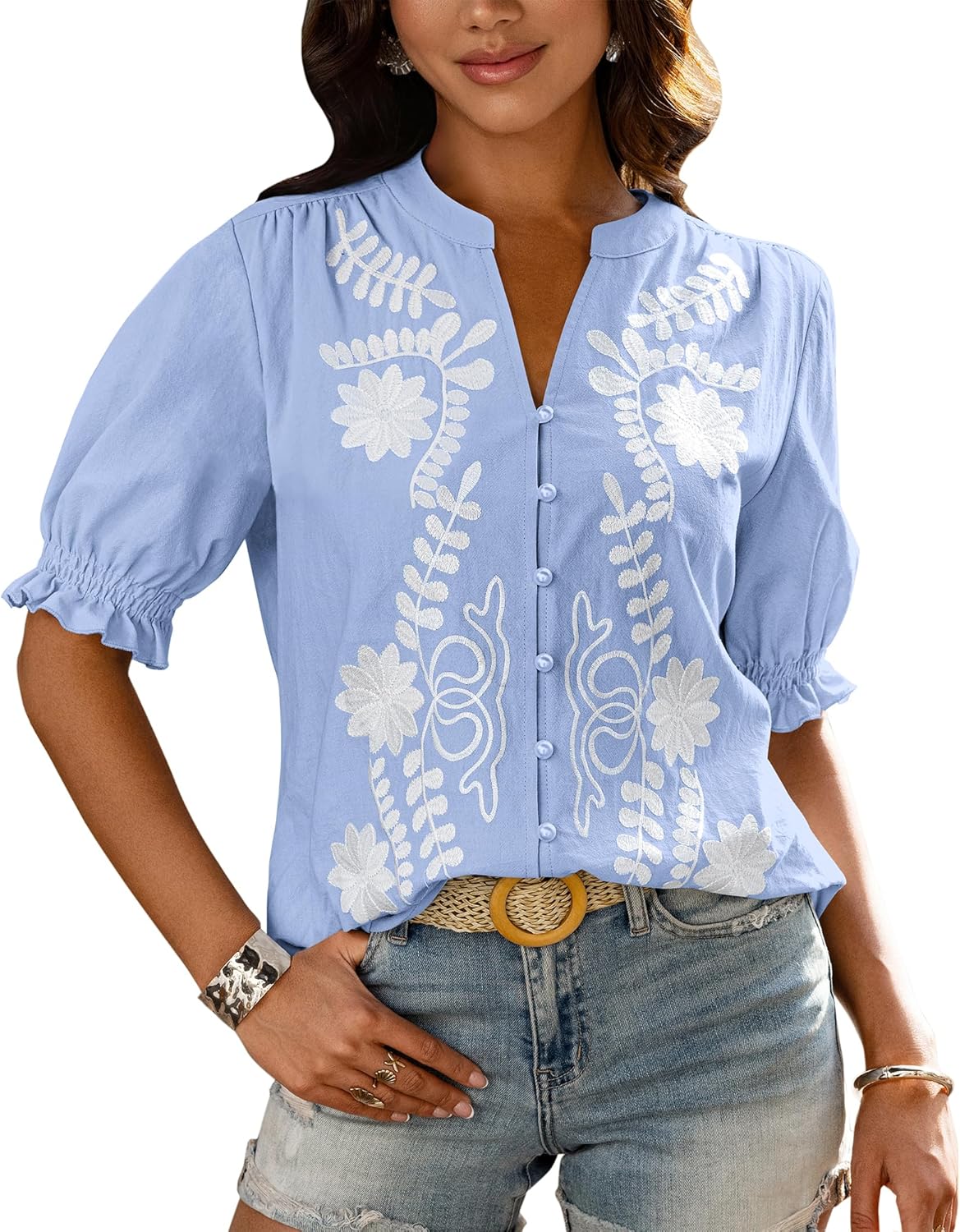 BTFBM Women's 2026 Spring Tops Casual Floral Boho V Neck Puff Short Sleeve Button Down Shirts Embroidered Blouses Tunic