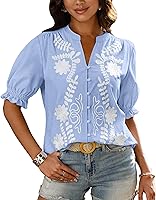 BTFBM Women's Boho Floral Embroidered V-Neck Puff Sleeve Blouse - Casual Button-Down Tunic Top Spring Summer 2026