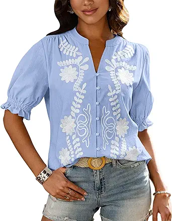 BTFBM Women's 2025 Summer Tops Casual Floral Boho V Neck Puff Short Sleeve Button Down Shirts Embroidered Blouses Tunic