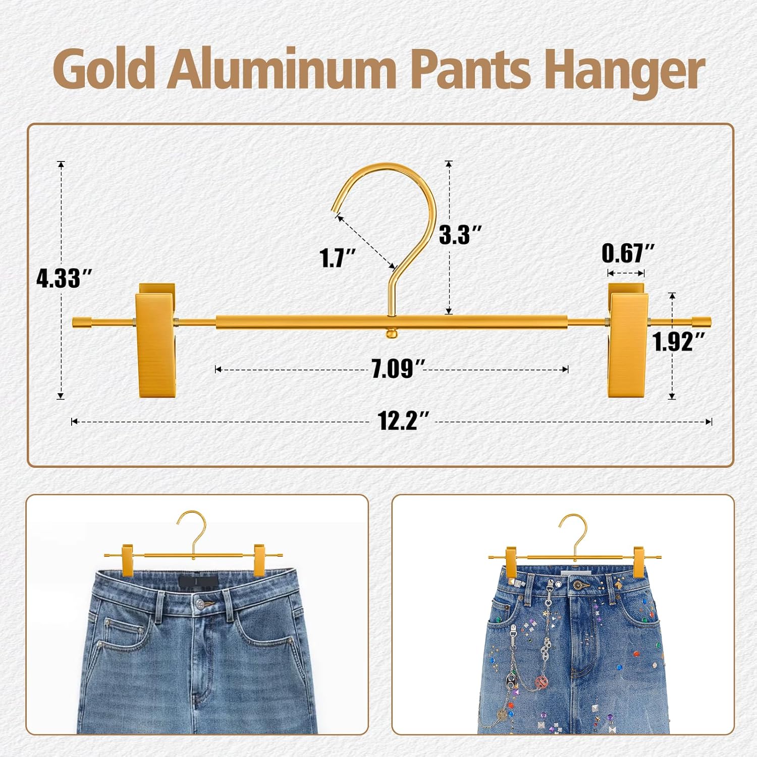 Matte Gold Aluminum Pants Hangers with 360°Swivel Hooks & Non-Slip Adjustable Clips, Lightweight, Durable, Space-Saving Closet Organizer for Trouser, Skirts, Jeans, Scarvf, Kids&Adults, 20 Pack