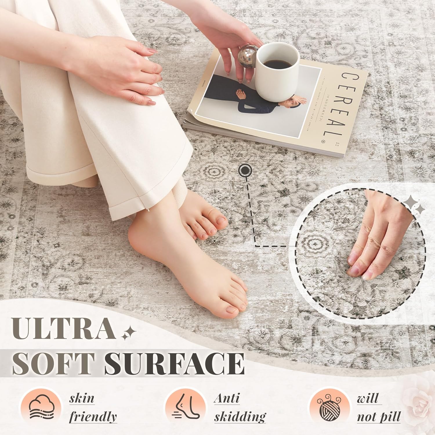 Area Rug 6x9 Vintage Rug: Washable Indoor Medallion Rugs Low Pile Distressed Floor Carpet Retro Accent Rug for Living Room Bedroom Kitchen Dining Table Home Office(Distressed Taupe, 6'x9')