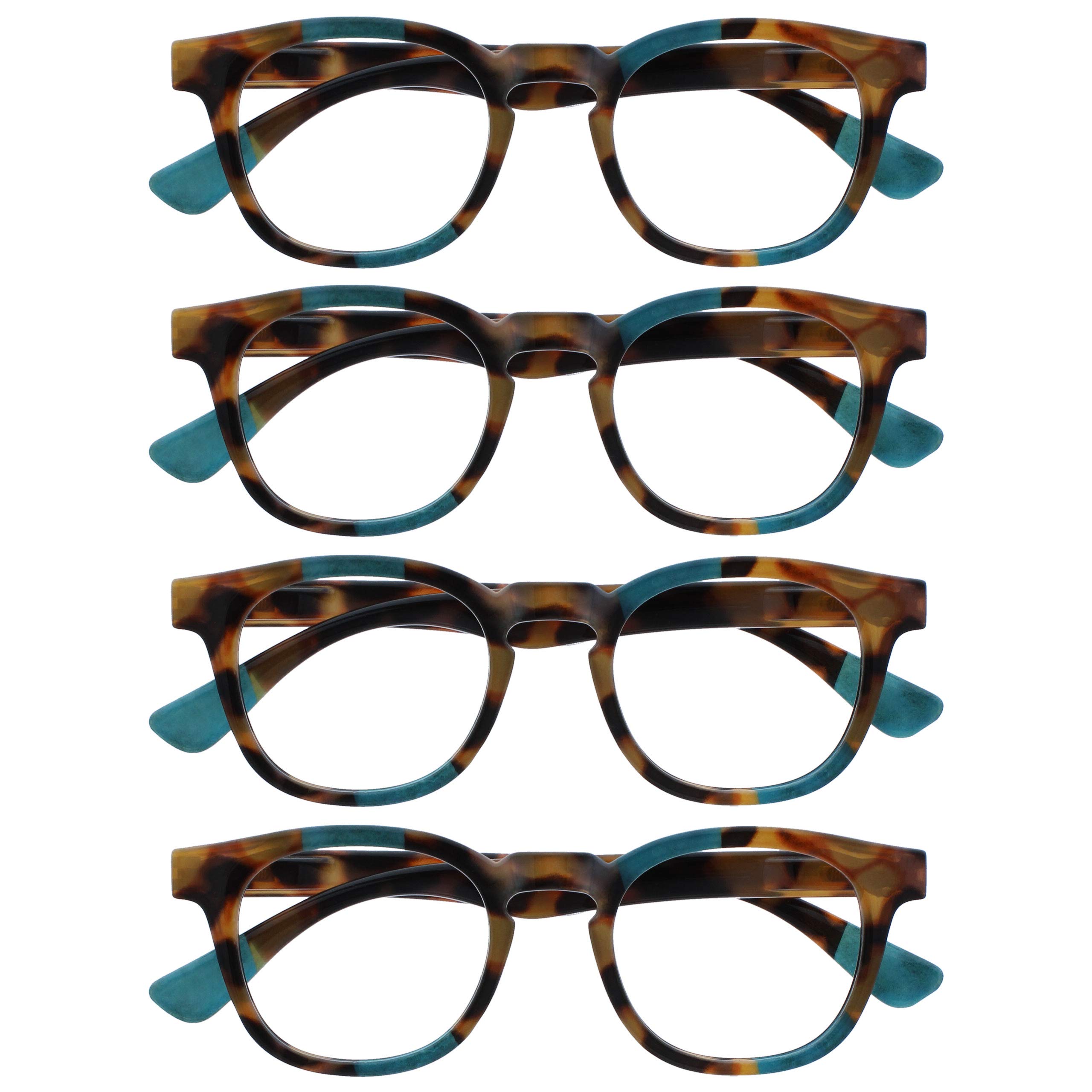 OPULIZE Ava Gafas de Lectura Pack de 4 Montura Redonda Favorecedora Marrón Carey Turquesa Lentes Resistentes a Arañazos Bisagras de Muelle Unisex Hombre Mujer RRRR62-Q +1.00