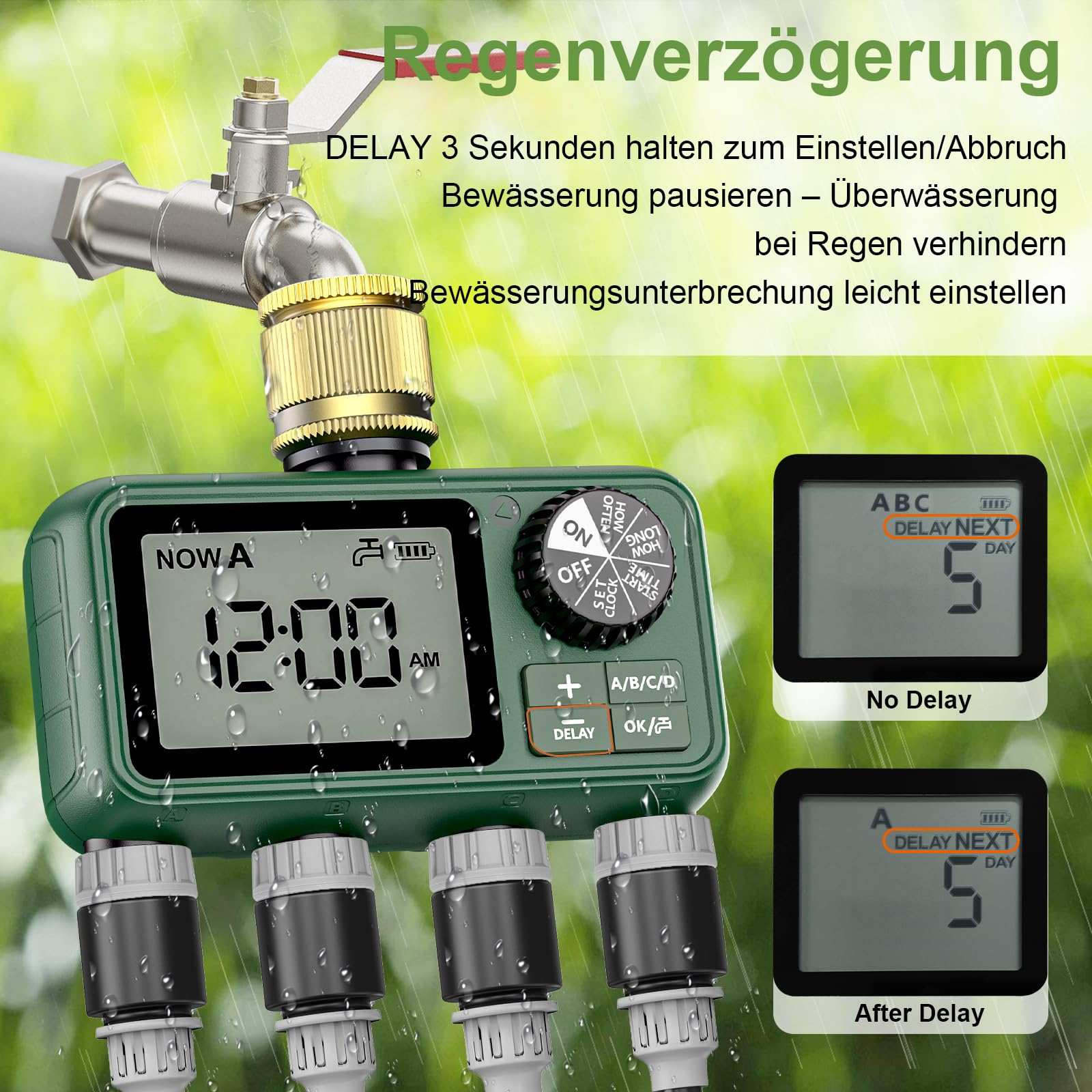 Sterownik nawadniania, 4 wyjścia, mosiężny wlot, duży wyświetlacz LCD, zegar nawadniający, automatyczne nawadnianie, zegar sterujący z opóźnieniem deszczu, ręczny zegar sterujący do ogrodu, na trawnik
