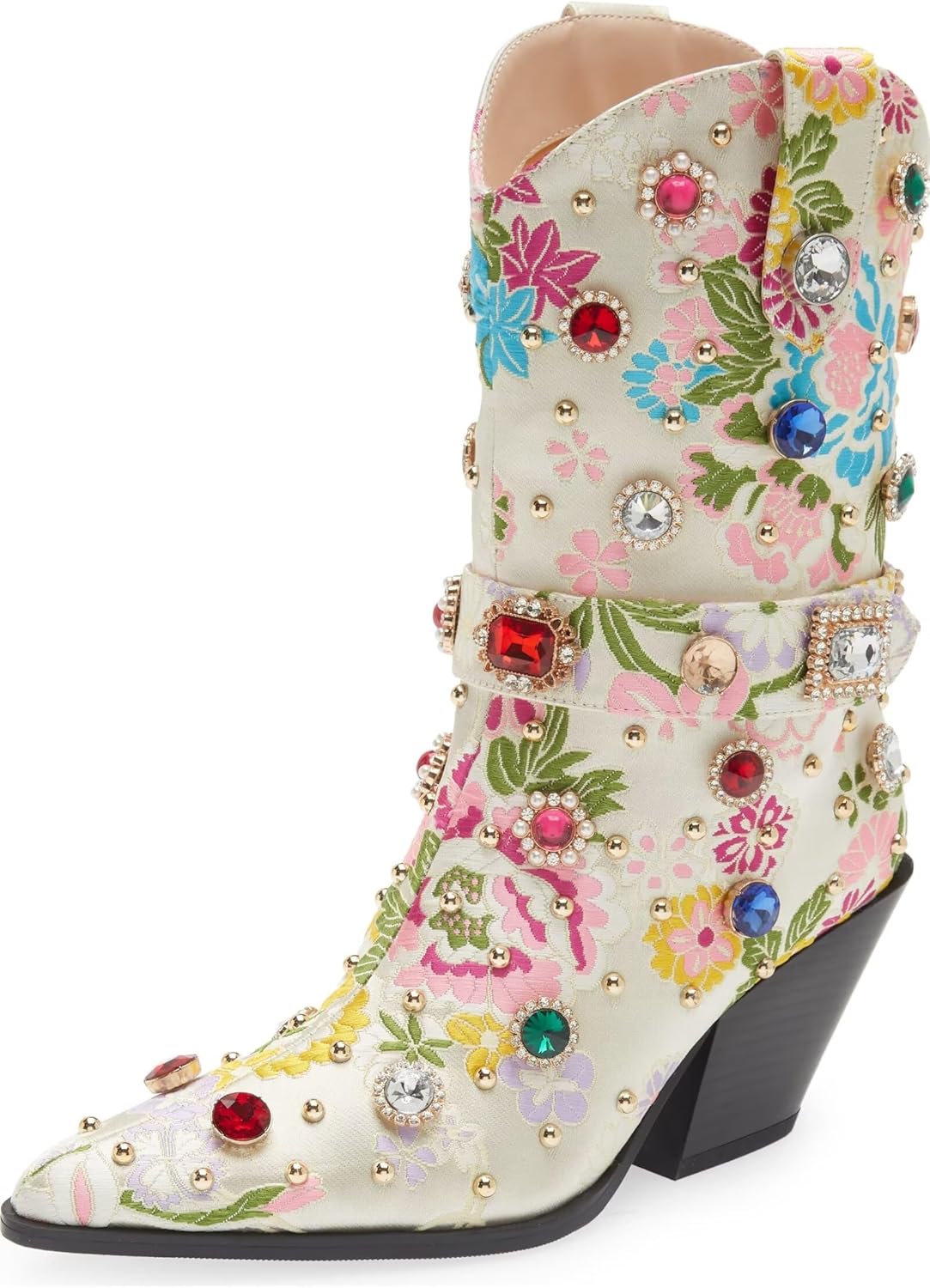 Western Cowboy Boots For Women Flower Embroidered Rhinestone Mid Calf Pointed Toe Chunky Heel Cowgirl Boots